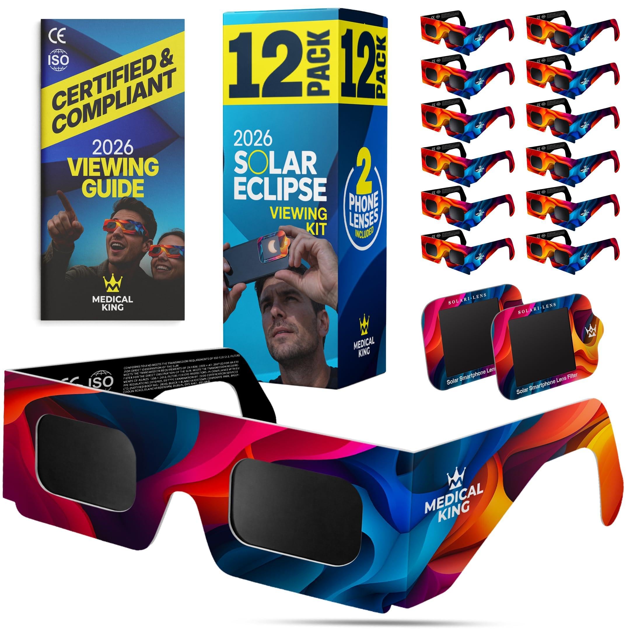 Medical king Solar Eclipse Glasses 12 pk – ISO 12312-2 and CE Certified Glasses For Safe View Solar Eclipse 2026 – The Eclipse August 12, 2026