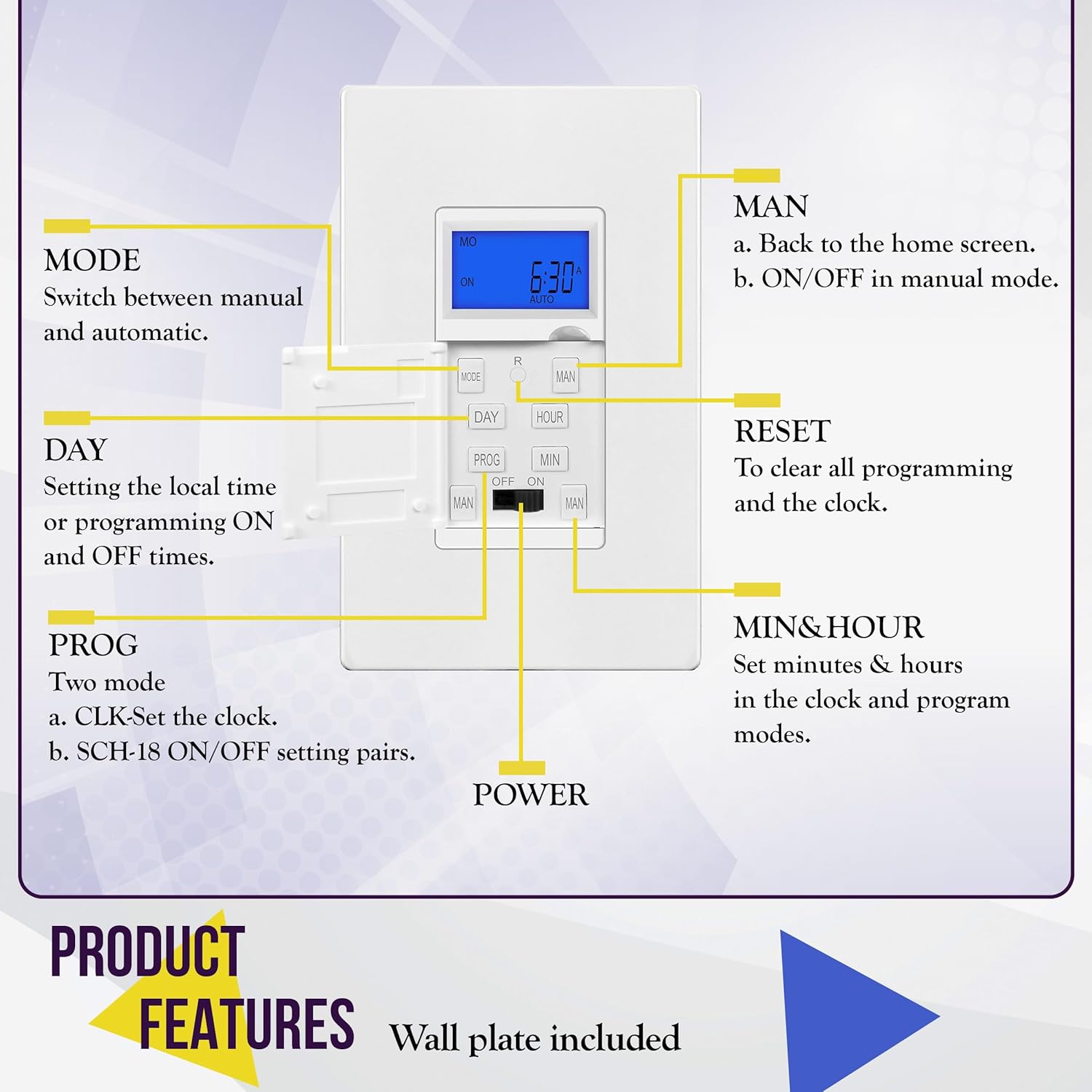 Enerlites HET01 7 Days Digital in-Wall Programmable Timer Switch with Blue Backlight, White, 5-Pack
