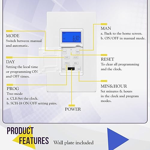 Vista 11 de ENERLITES Interruptor temporizador digital programable para luces, ventiladores, motores, 7 días 18 ajustes de temporizador de encendido/apagado, un