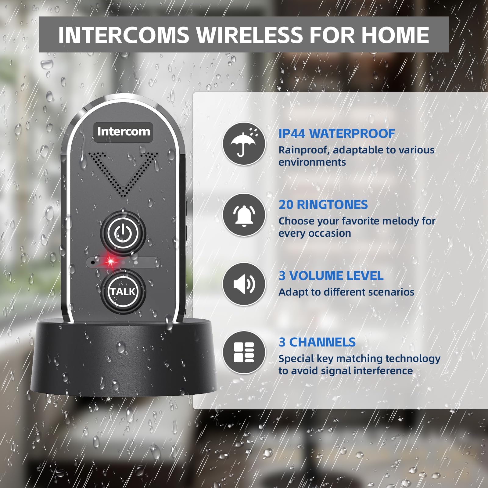 Interfoni wireless, 2 vie, portata 1500 m, IP44, impermeabile, 3 canali, citofoni interni ricaricabili per casa, ufficio, ospedale, hotel fabbrica (2 confezioni, nero)