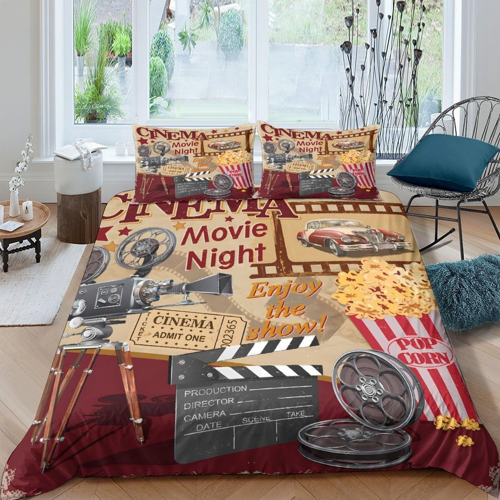 Ctjqhvkz Style-6 3D Printed Movie Night Fitted Sheet Microfiber Vintage Cinema Ticket Bed Cover For Bedroom Guest Room Mattresses Decor Single（135X200cm）