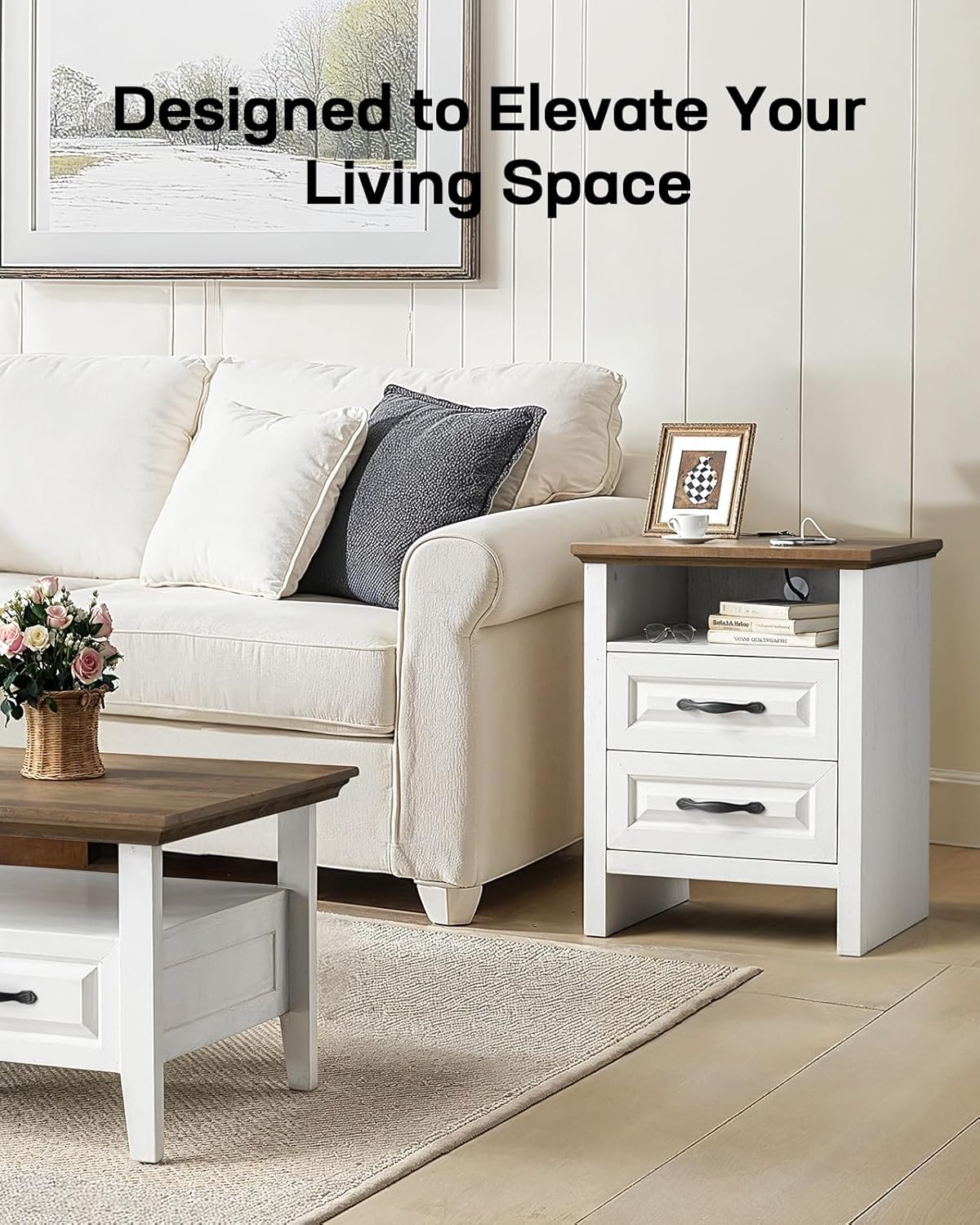 Marsail Nightstand Set of 2 for Bedroom, Night Stand with Charging Station, Bedside Table with 2 Drawers & Open Shelf, Farmhouse End Table Storage Cabinet, Wood White - Image 7