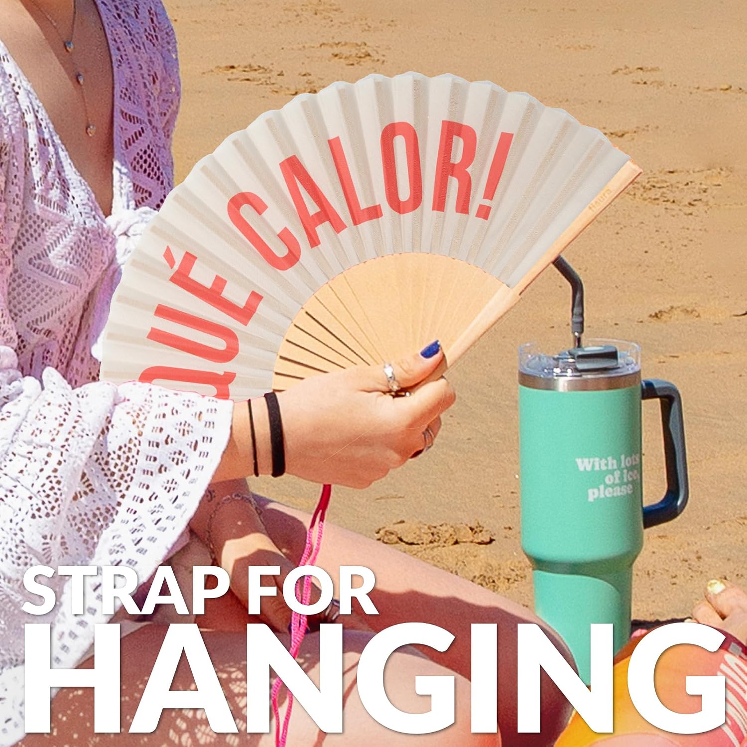 Fisura – Original Beige Folding Fan with Message qué calor, Wooden Handheld Fan for Women, Perfect for Rave, Party, Wedding, Birthday, Gift or Summer Decoration