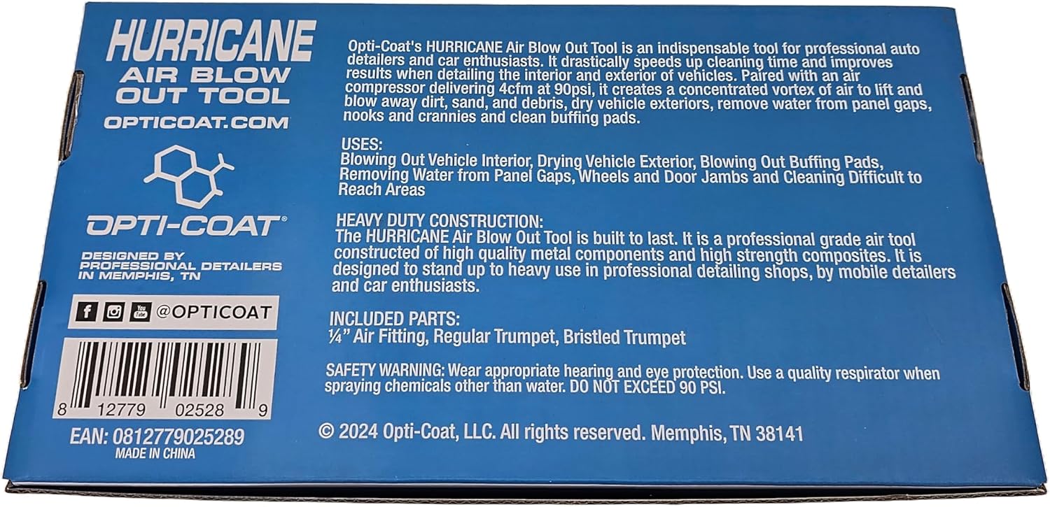 Opti-Coat Hurricane Air Blow Out Tool for Auto Detailing - Lift and Blast Dirt, Debris and Water from Vehicle Interior and Exterior, Durable Metal Design, Replaceable Parts, Rebuildable