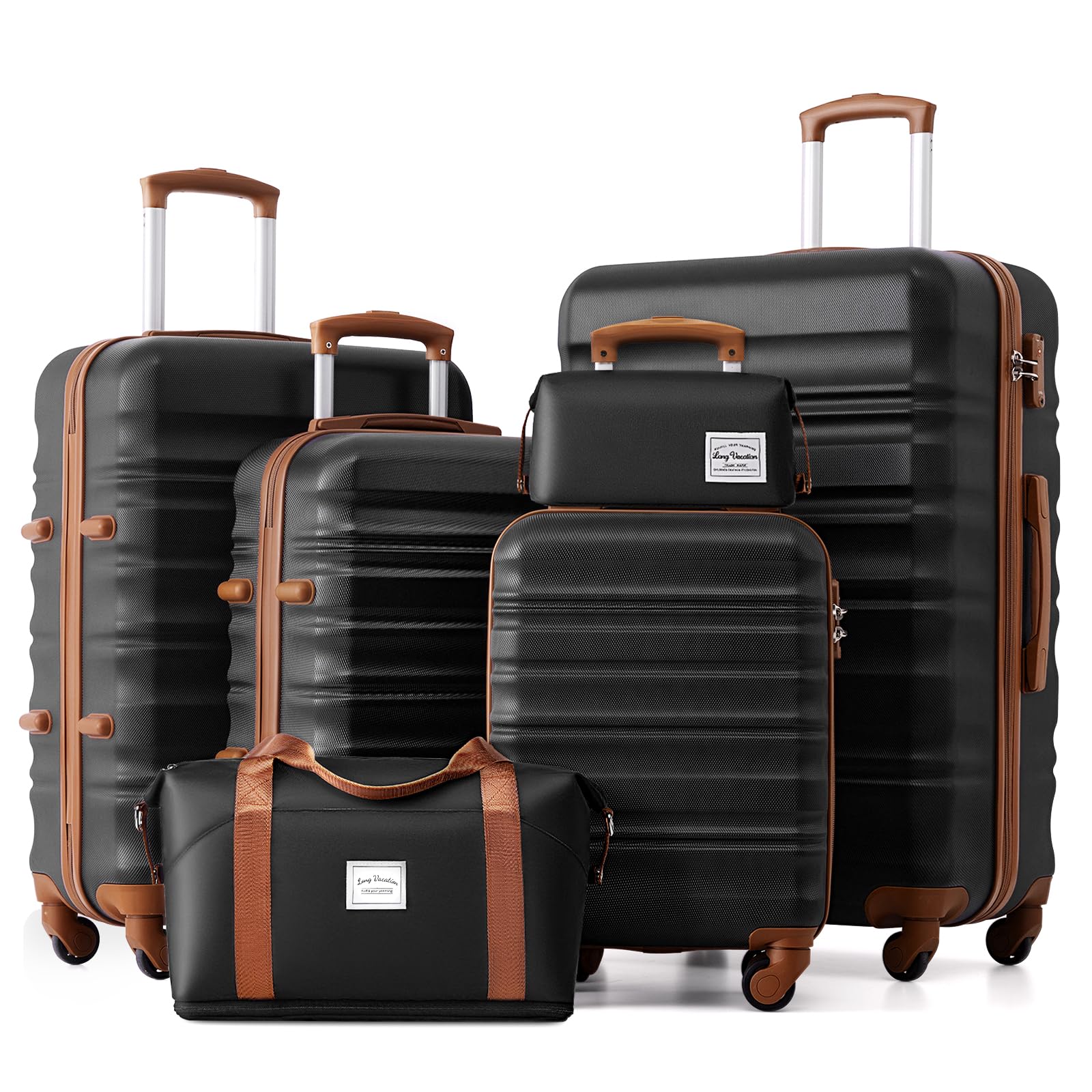 LONG VACATION 6 Piece Luggage Set Carry on Suitcase with ABS+PC hardshell, Spinner Wheels & YKK Zipper TSA Lock (BLACK-BROWN, 6 piece set)