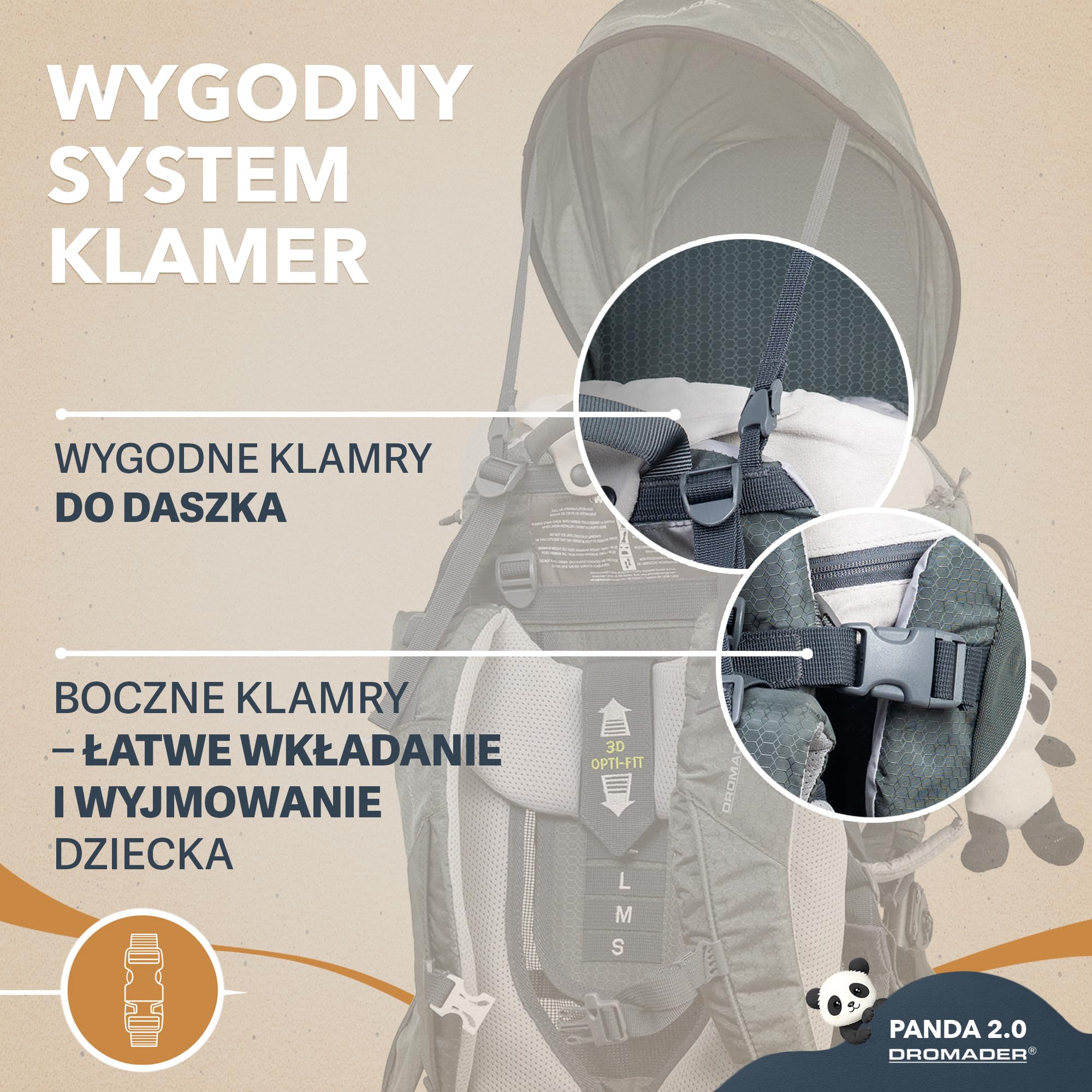 Dromader Nosidełko Turystyczne dla dzieci do 18kg - Regulowane Siedzisko z Poduszką do Spania - Chowany Daszek Przeciwsłoneczny - System Nośny Odciążający Kręgosłup - Kieszeń Termiczna – Panda Olive