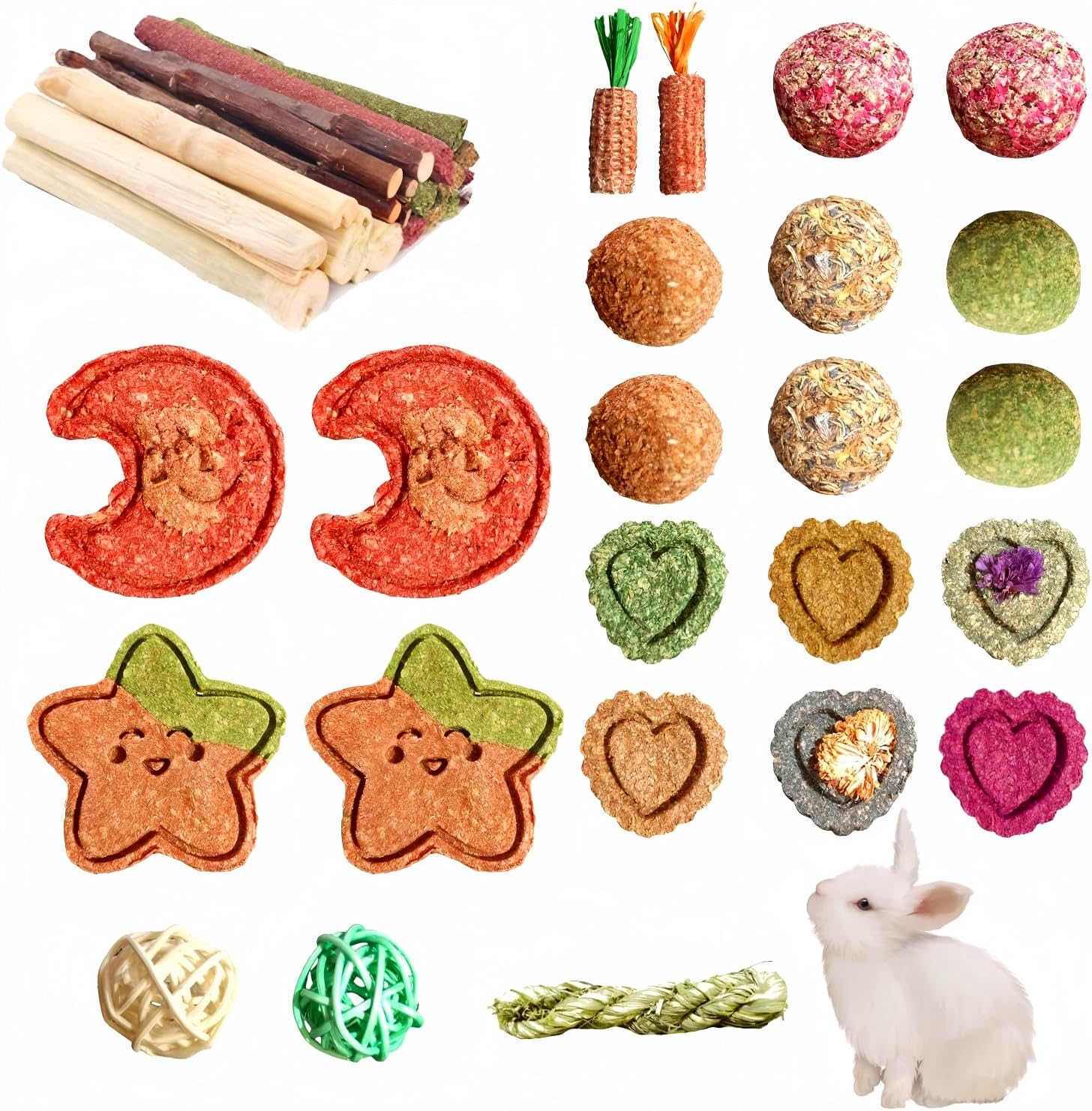 Wuneiox 33 PCS Rabbit Toys, Natural Rabbit and Guinea Pig Treats Toys for Teeth Grinding & Boredom Breaker, Hamster Chew Toys, Timothy Hay Sticks, Applewood, Sweet Bamboo, Grass Cakes & Vine Balls