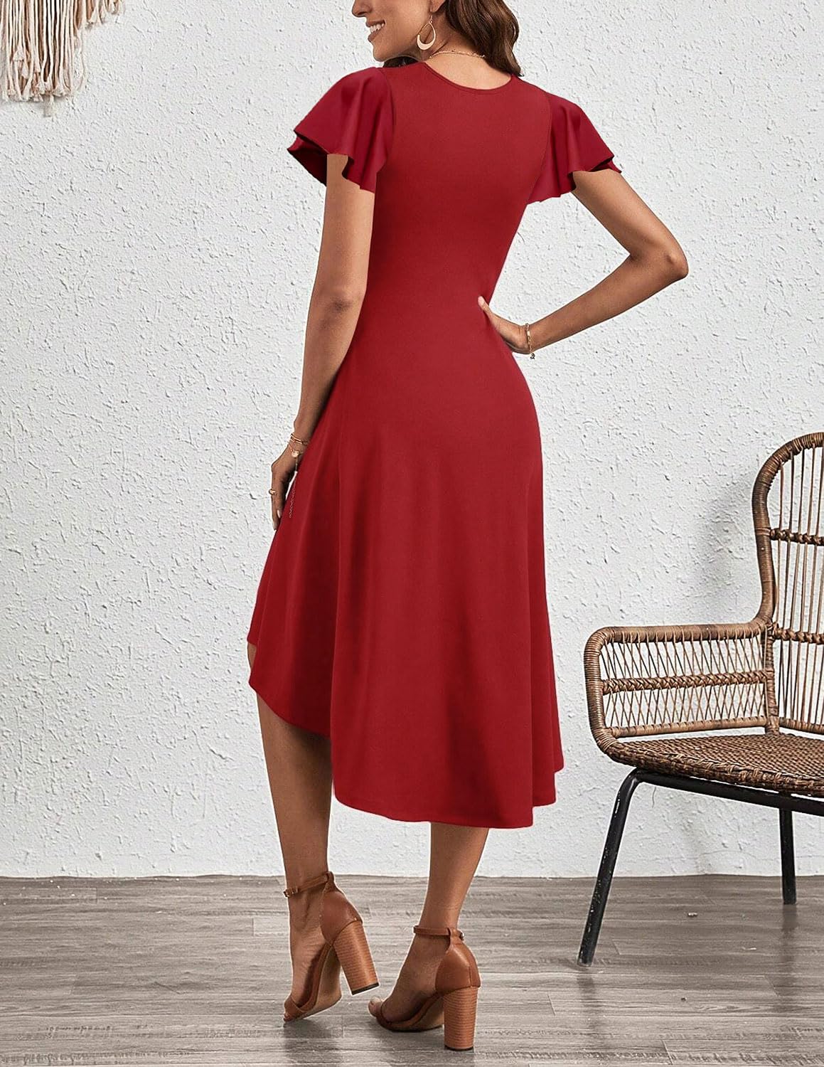 Vestido Mujer Elegante Verano Manga Corta Pliegue en la Cintura Vestido A-línea Coctel Vestidos de Boda Invitada