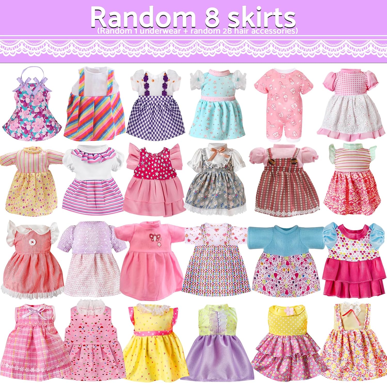 Random Blind Box 12-14 Inch Doll Clothes Set - 8 Skirts + 29 Random Accessories, Compatible with 12" 14" Baby Dolls, Cute Doll Outfits & Hair Accessories for Pretend Play, Surprise Gift for Kids Girls