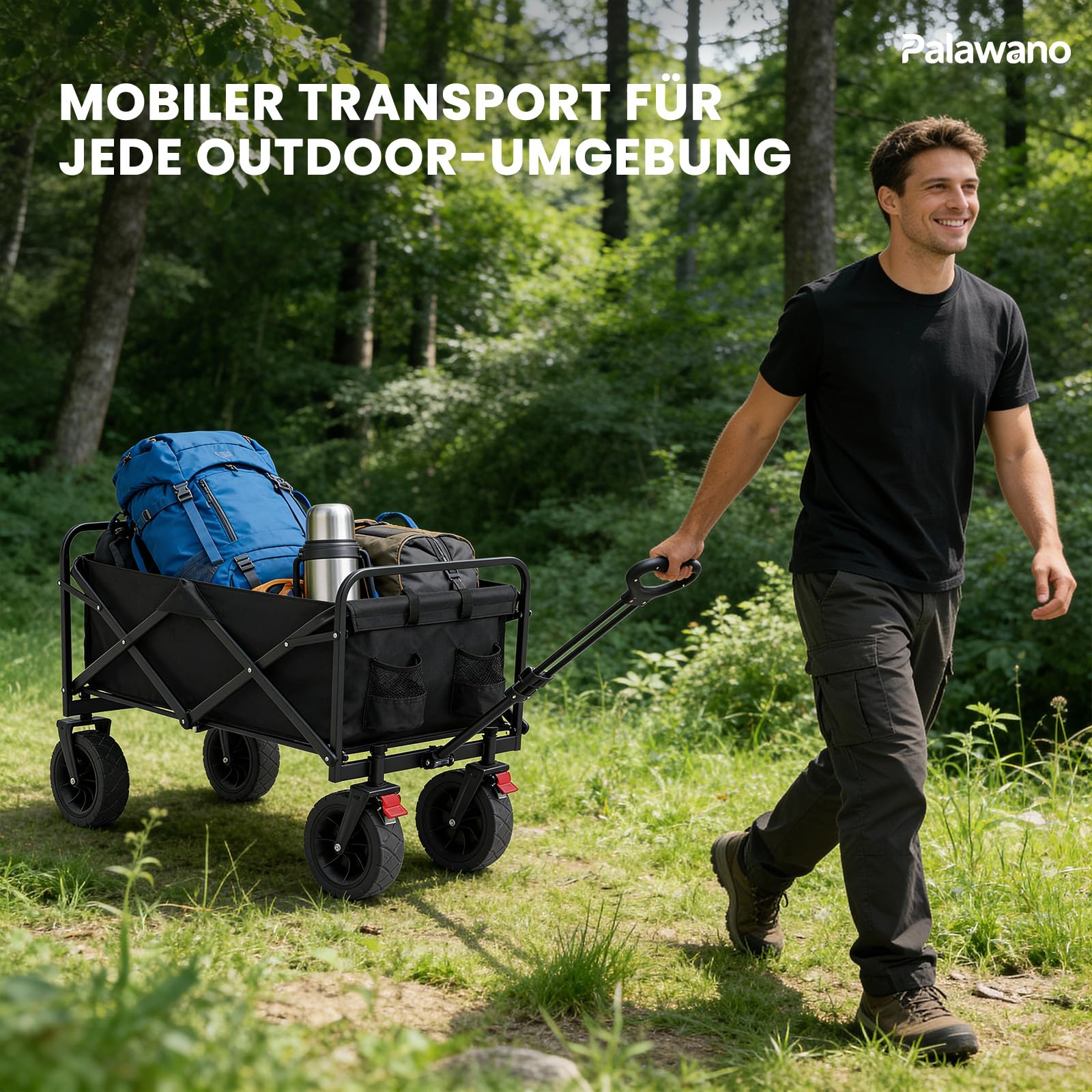 Palawano Bollerwagen Faltbar 150L – Transportwagen mit Rollen, Schwerlast Campingwagen für Festival, Strand, Garten & Einkauf