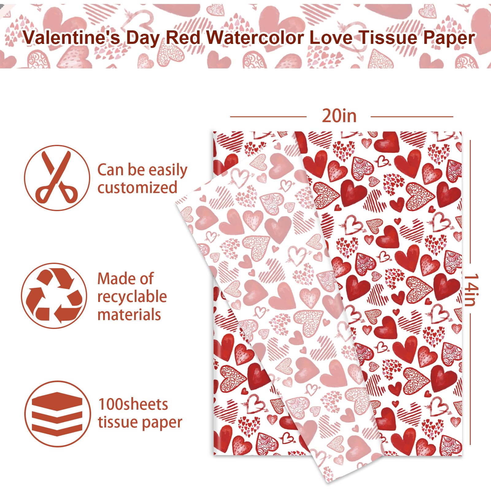 JarThenaAMCS 100 Blatt Seidenpapier zum Valentinstag, Aquarell, Rot, Liebe, Herz, Geschenkpapier für Bastelarbeiten, Hochzeit, Jahrestag, Party, Dekoration, 35,6 x 50,8 cm