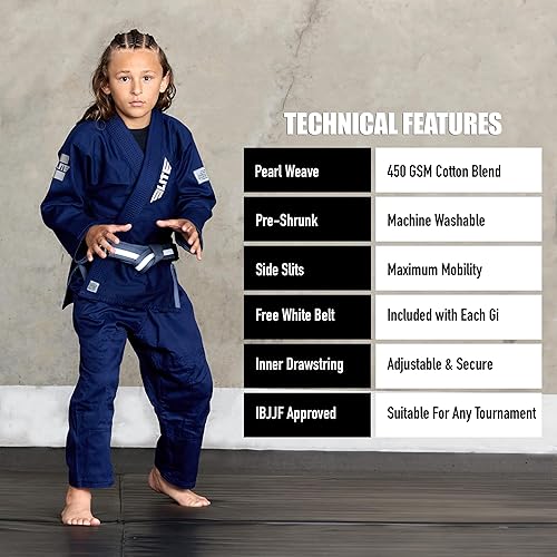 Miniatura 5 de Elite Sports Kids BJJ GI - Kimono brasileño Jiujitsu Gi con tela preencogida y cinturón, para niños y jóvenes, aprobado por la IBJJF