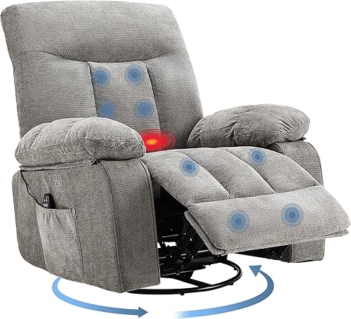 Vista 10 de DUMOS Rocker - Silla reclinable giratoria con masaje por vibración y calefacción lumbar, sillón reclinable de tela de felpilla giratoria de 270°