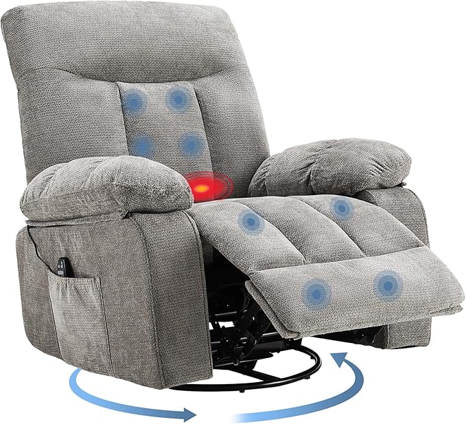 DUMOS Rocker Recliner Chair, Swivel Recliner with Vibration Massage & Lumbar Heating, 270° Rotating Chenille Fabric Recliner with footrest for Living Room & Bedroom, Grey