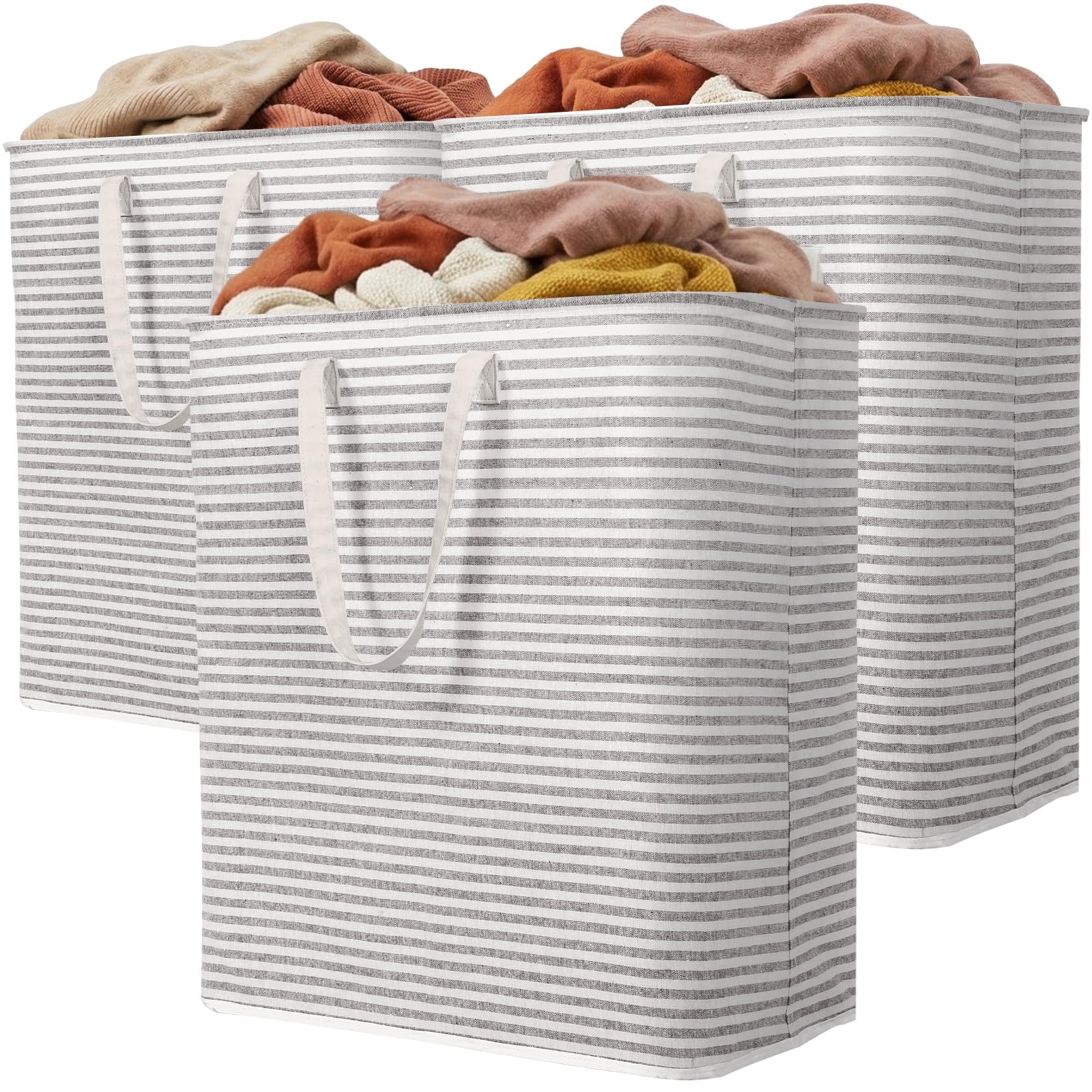 Lifewit 3 Pack Laundry Basket 100L Each, Collapsible Clothes Hamper with Reinforced Handles, Freestanding Waterproof Design for Bedroom and Laundry Room, Grey 300L Total Grey 100L 3
