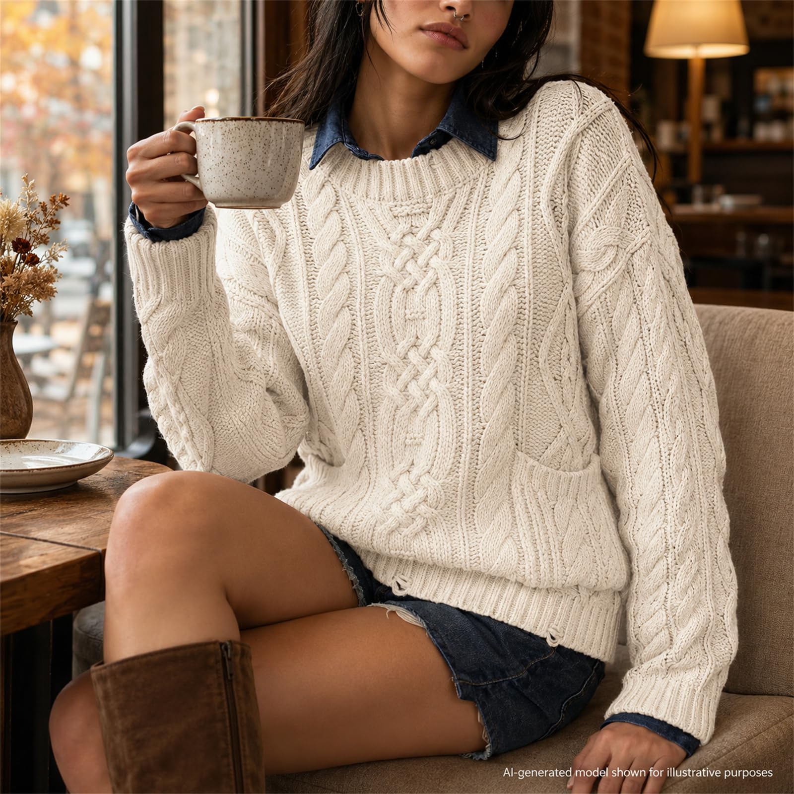 Maglione da donna oversize a maglia grossa con motivo a treccia, scollo