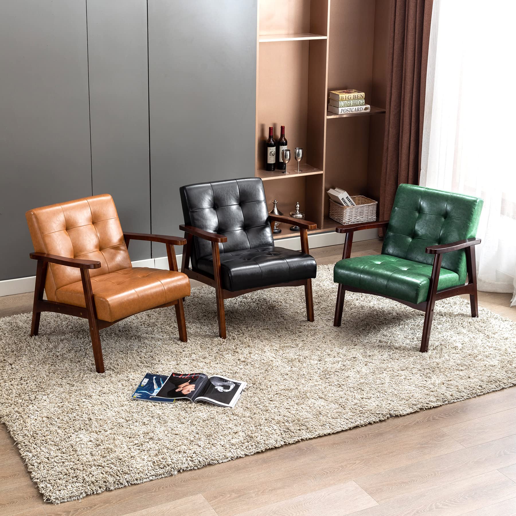Retro Holzsessel Wohnzimmer Massivholz Gepolsterter Sessel Lounge Sessel mit Armlehnen mittelalterlicher Holzrahmen Designstuhl aus Kunstleder und Eiche für Schlafzimmer Café Balkon Grün