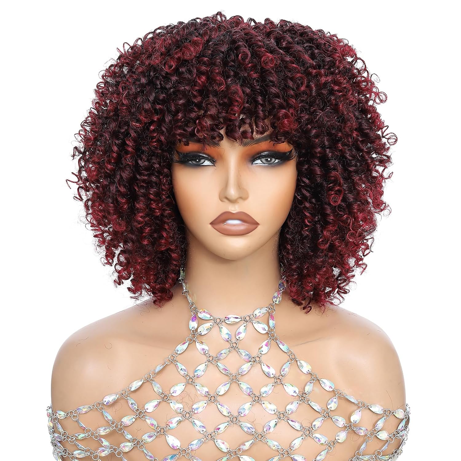 Black Bang Wig Sprial Curly Wig with Bangs, 12 Inch Afro Curly Wigs for Black Women, Glueless Wig for Beginner, Boucy and Chic, 1B, 3C Curls,