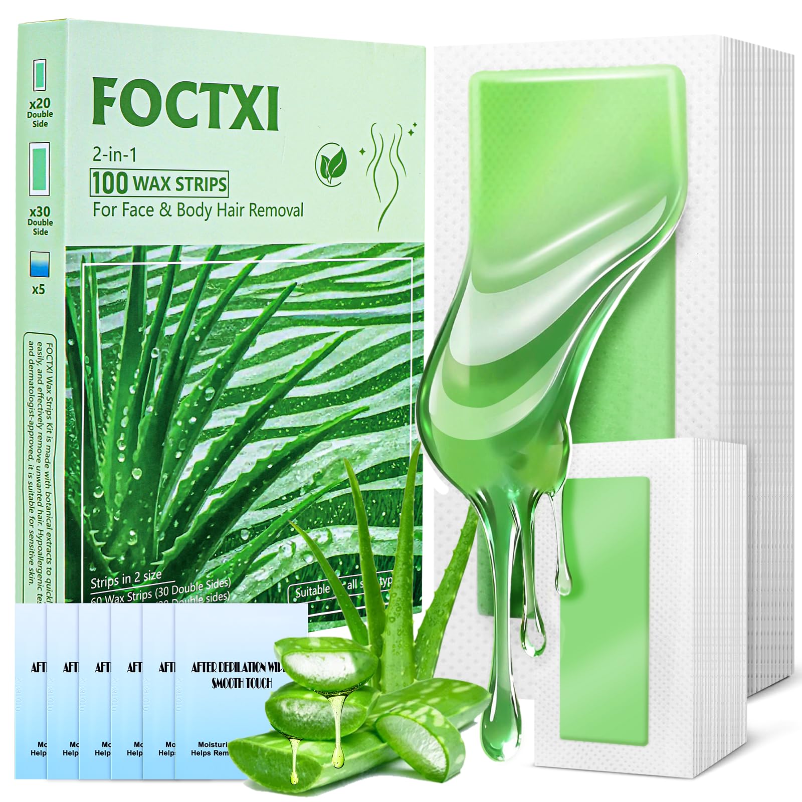 100 PCS Wax Strips (40 Facial & 60 Body) for Hair Removal - At Home Waxing Kit for Face, Eyebrow, Legs, Chest, Back, and Bikini/Brazilian, Sensitive Skin Friendly for Men and Women & 5 Calming Wipes Green Aloe Vera