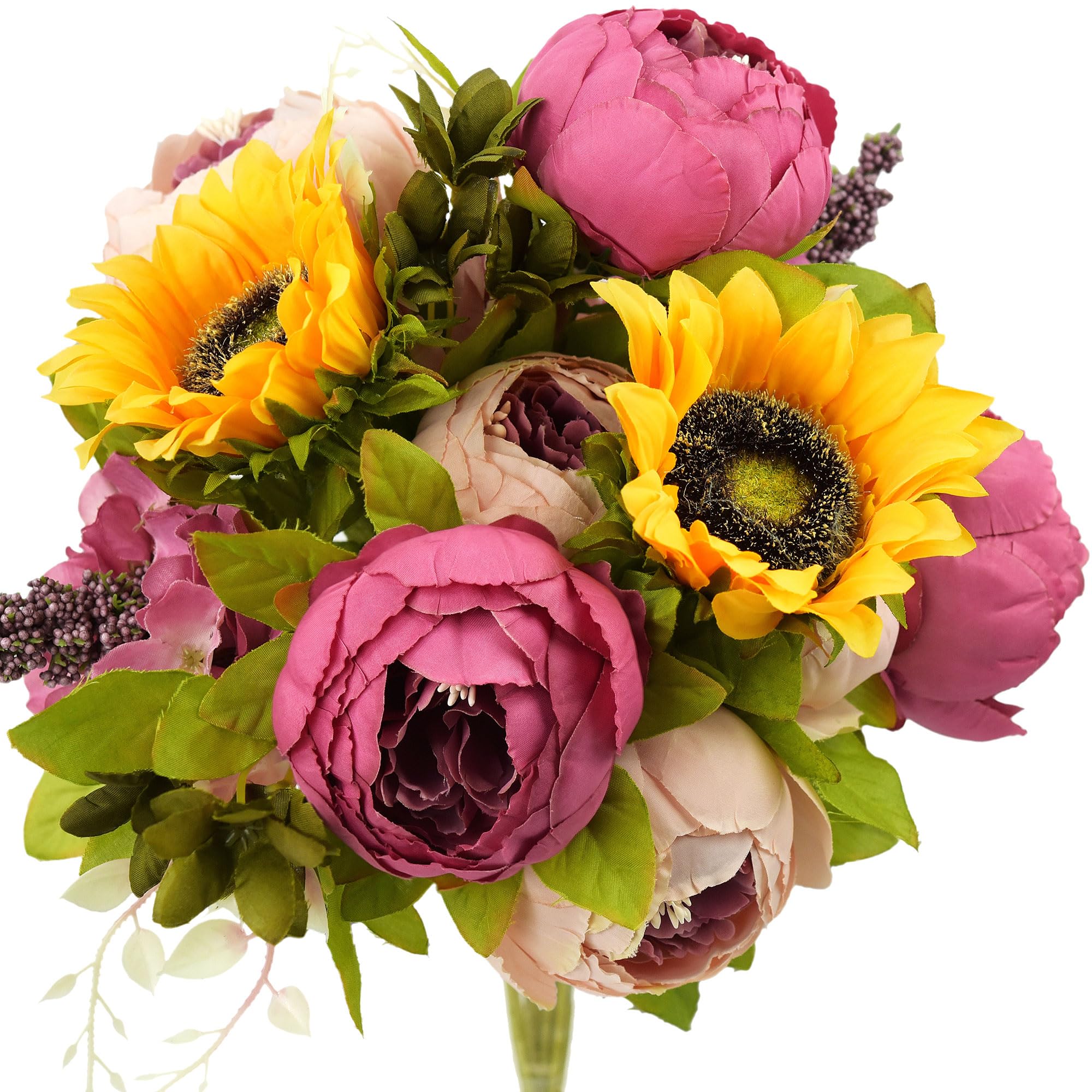 FiveSeasonStuff ''Country Cottage'' Silk Pink Peonies and Sunflowers Mix Flower Bouquet Artificial Flowers 1 Bundle Peony 2 Stems of Sunflowers