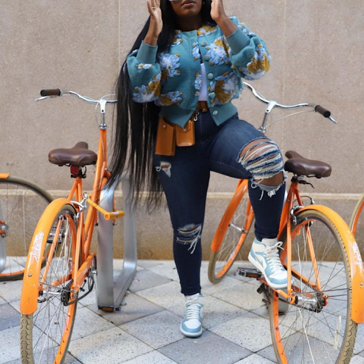 OPCAKM Women's Cropped Floral Print Shacket Jackets Round Neck Long Sleeve Bomber Coat Outerwears - Image 5