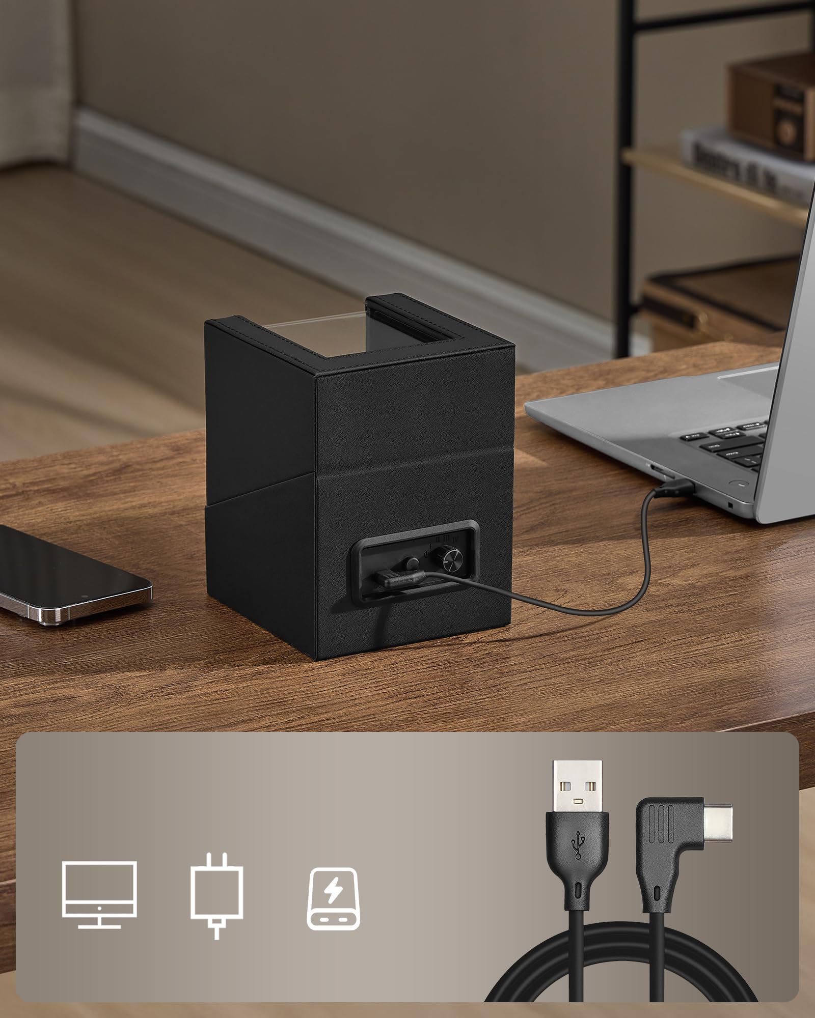 SONGMICS Zegarek, pudełko na zegarki, silnik premium, ze światłem LED, regulowana poduszka na zegarek, zamek, 4 tryby rotacji, kabel do ładowania USB C