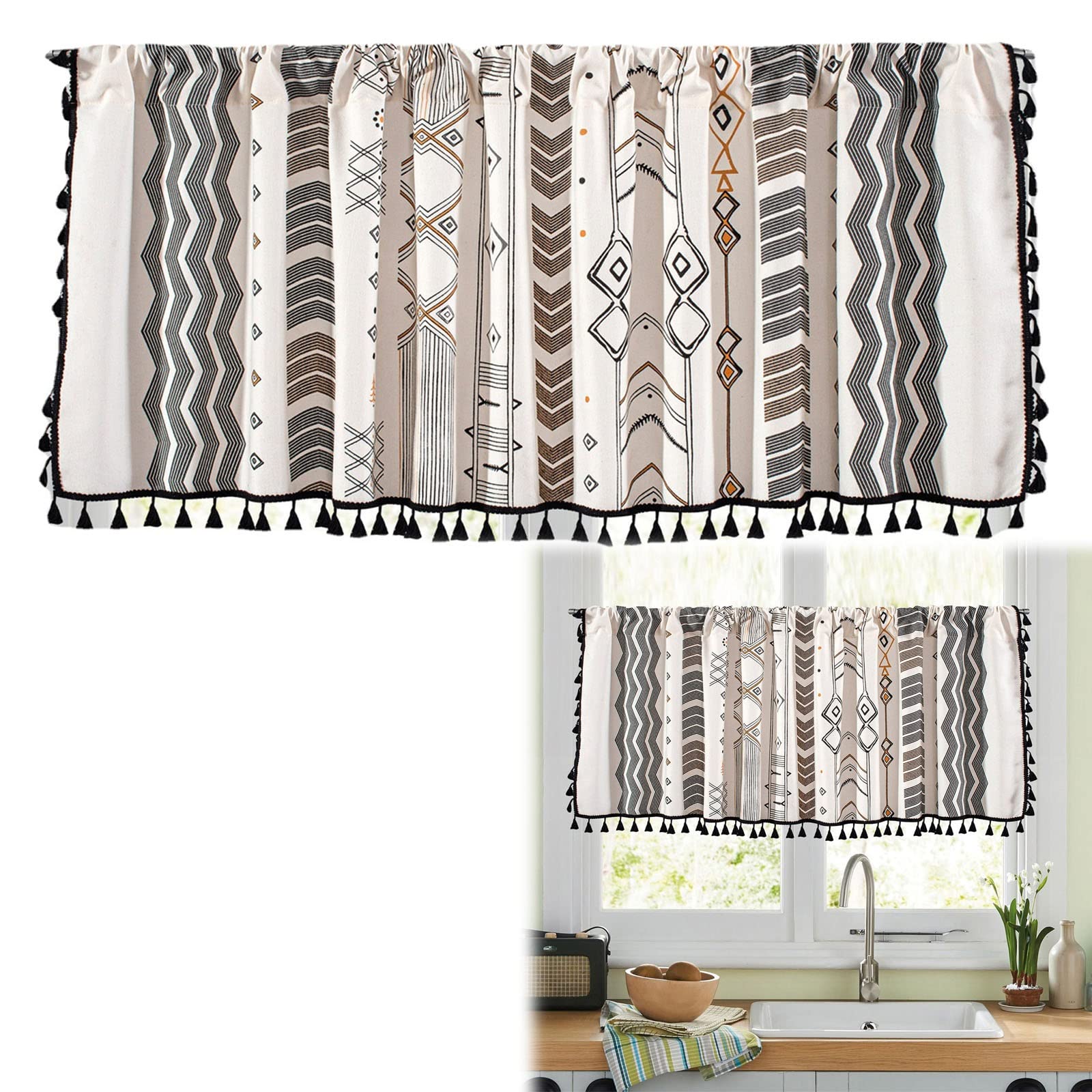 V3VOGUE Küchen Kurzvorhang Scheibengardine, 1 Stück Baumwolle Leinen Quasten Bistrogardine, Retro Landhausstil, Für Cáfe Vorhänge/Kleines Fenster/Wohnzimmer, Kurzstore Gardinen