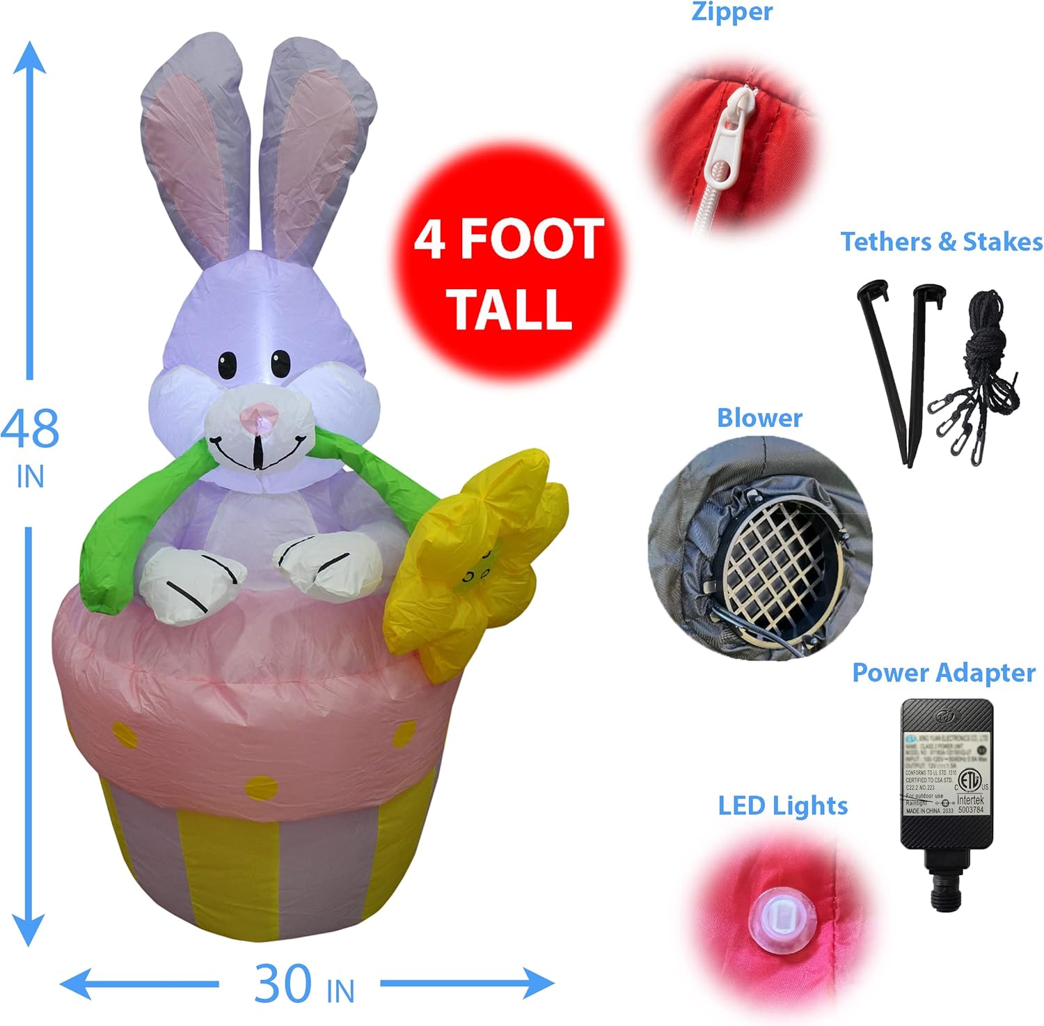 4 Foot Tall Easter Inflatable Bunny Rabbit with Flower on Flowerpot Pre-Lit LED Lights Outdoor Indoor Holiday Blow up Lighted Yard Lawn Home Family Outside Decor Party Decoration