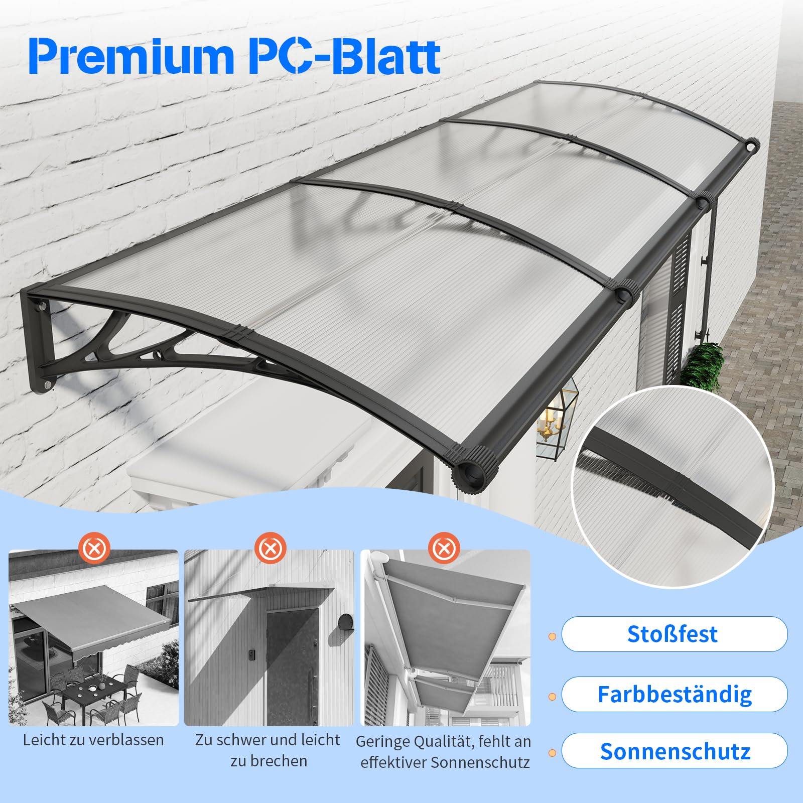 Vordach für Haustür, 200x100cm Fenstervordach mit separater Entwässerung, Polycarbonat Pultvordach Überdachung für UV-, Regen- und Schneeschutz – Ideal für Veranda