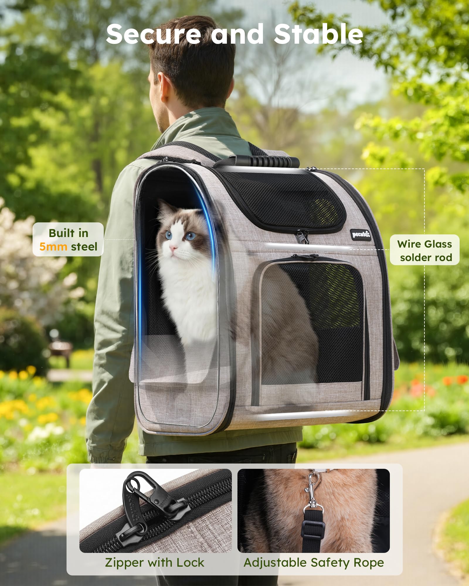 Pecute Cat Backpack Carrier XL, ExpandablePet Backpack for Cats & Small Dogs Up to 15lbs, with 4-Side Breathable Mesh, Multi-Entry & Lockable Zippers for Travel, Hiking, Camping - Hands Free, Khaki - image 5