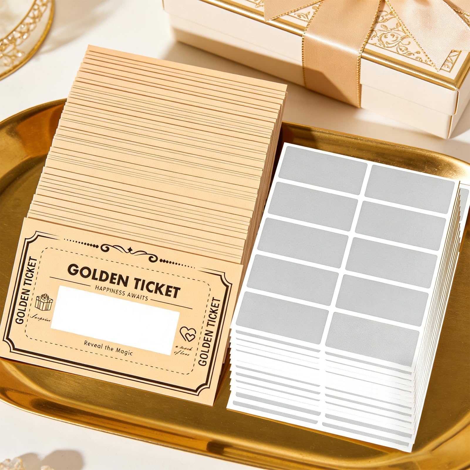 360 Pcs Golden Ticket Scratch Off Card Set with Matching Stickers, Personalised Surprise Reveal Cards for Christmas, Holiday, Concert & Cinema Voucher Gifts
