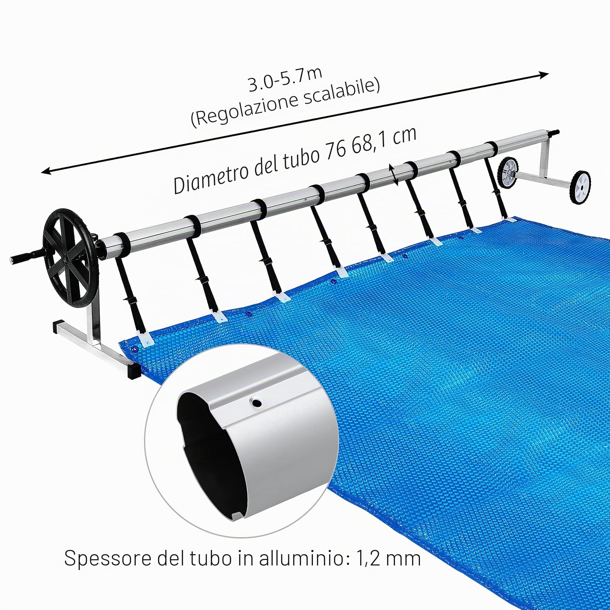 Sistema di avvolgimento mobile per piscina, accessorio per teloni da piscina, telo solare con nastri e ruote, 3-5,7 m