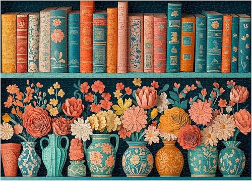 Rompecabezas de flores silvestres para adultos de 1000 piezas, rompecabezas de libros de flores vintage, rompecabezas de biblioteca floral retro