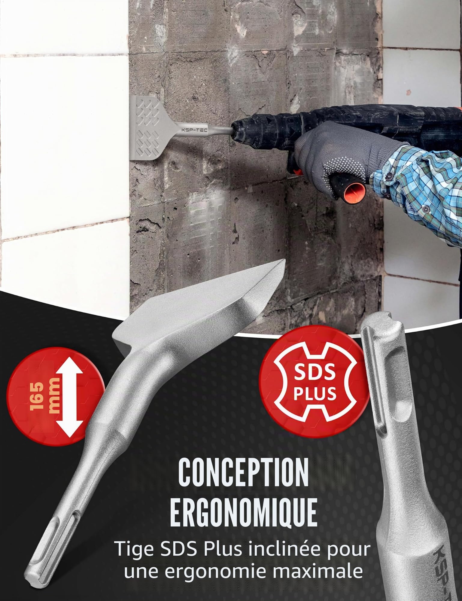 KSP-TEC - Burin à carrelage SDS Plus 75 mm x 165 mm coudé à 20° – Géométrie idéale pour enlever les carreaux et la colle à carrelage (burin SDS Plus)