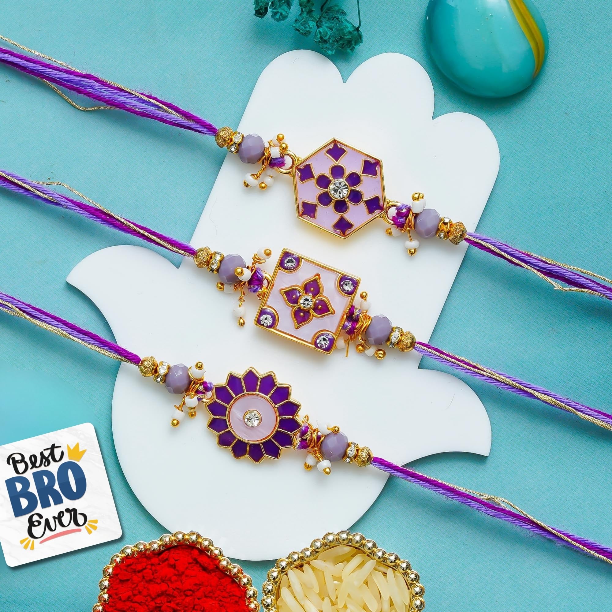 eCraftIndia Set of 3 Purple Floral Designer Rakhis | Best Bro Ever Fridge Magnet | Roli Chawal Pack | Rakhi for Brother Bhaiya Bhai Bhabhi Kids-image-32