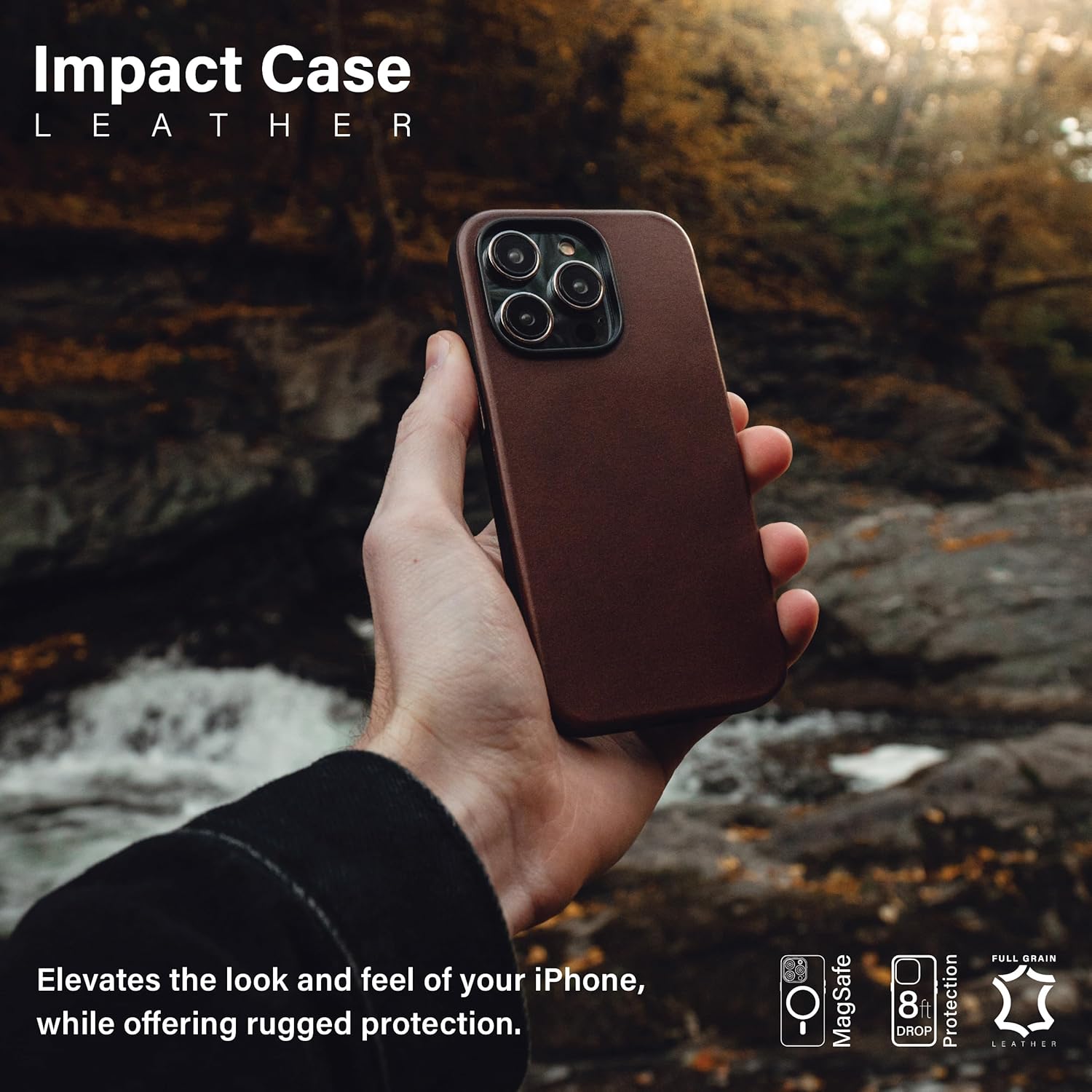 KORDIZ for iPhone 14 Pro Impact Leather Case, Geniune Premium Full-Grain Leather with 360 TPE Bumper Drop Protection, MagSafe & Wireless Charging, Raised Edges (Dark Brown)