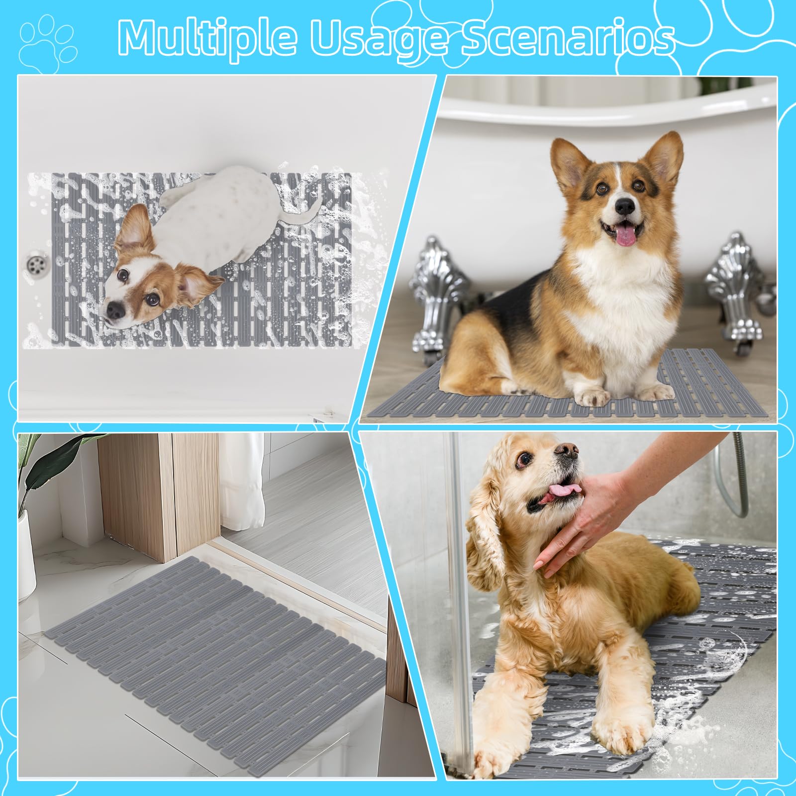 Tapete de baño antideslizante para perro, tapete de bañera de drenaje rápido para mascotas, 26.8 x 15.7 pulgadas, almohadilla de ducha antideslizante recortable con agujeros de drenaje y 162 ventosas