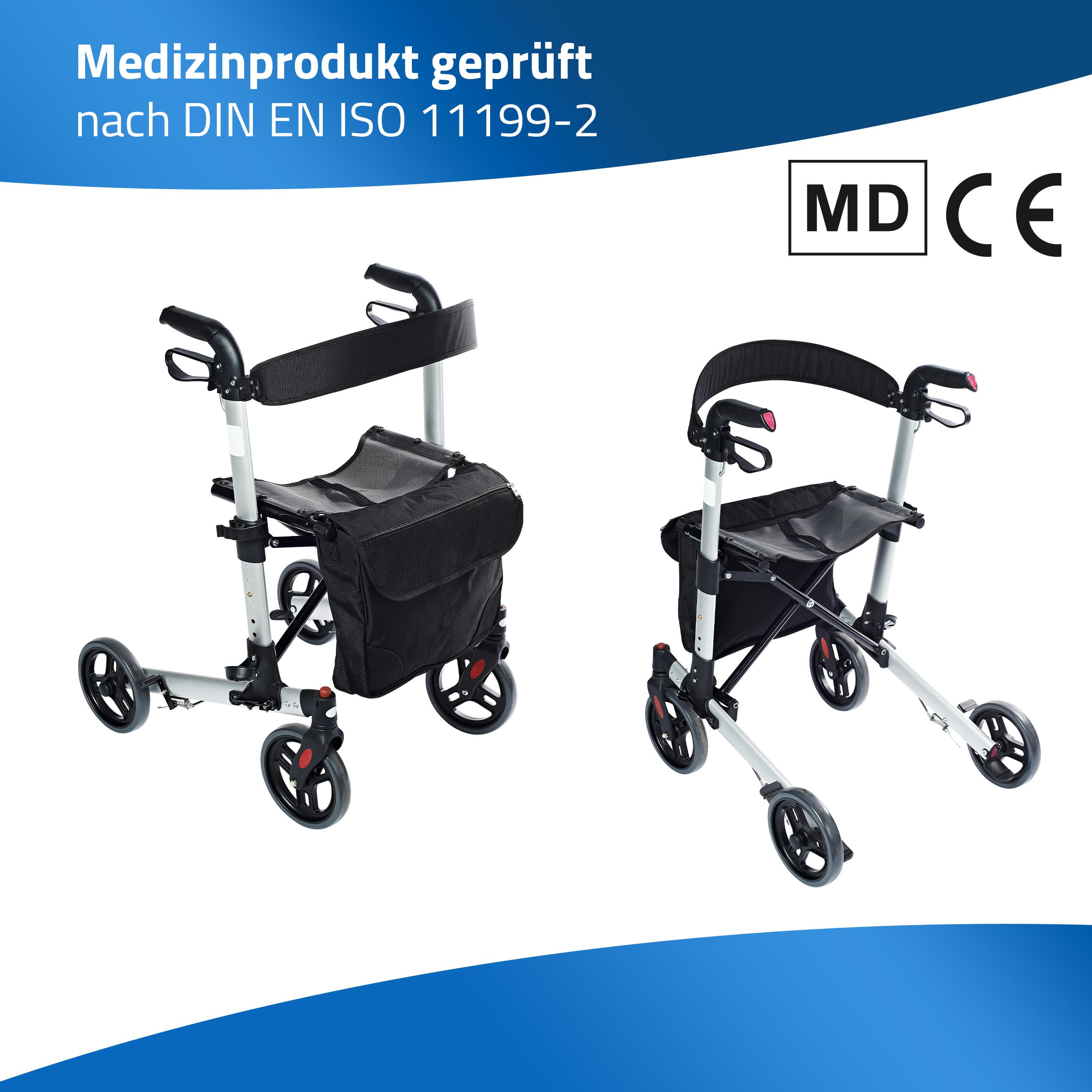 RIDDER – Rollator Mio | Faltbarer Gehwagen mit höhenverstellbaren Griffen, breitem Sitz & Rückengurt. Gehhilfe mit Abnehmbarer Einkaufstasche & Gehstockhalter | Belastbar bis 136kg