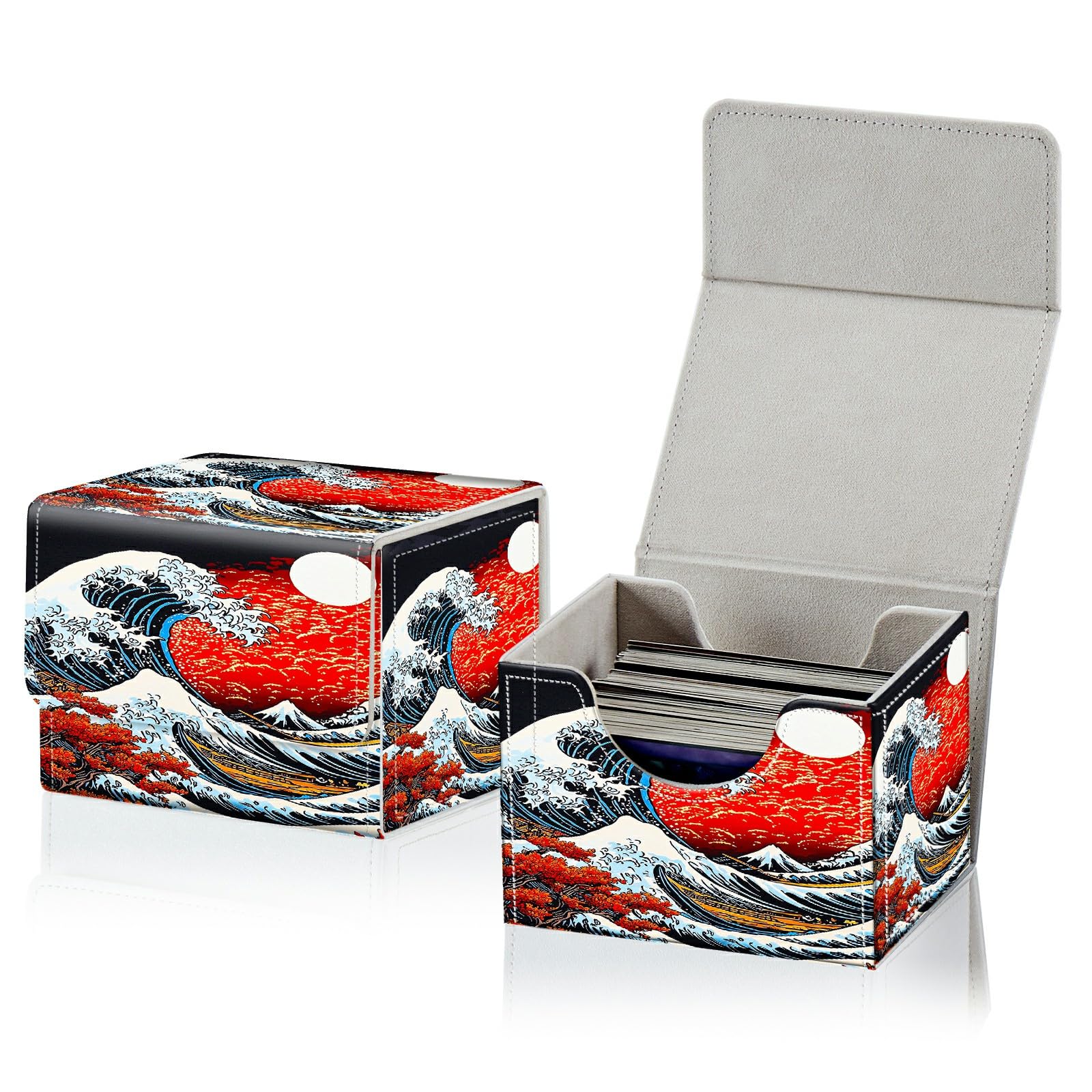 RWUTYTIUL Card Deck Box for MTG, Cards Storage Box Fits 120+ Sleeved, Leather Small Size Strong Magnetic Closing Card Case for Board Games Magic TCG CCG Baseball Collection, Red Sunset Waves