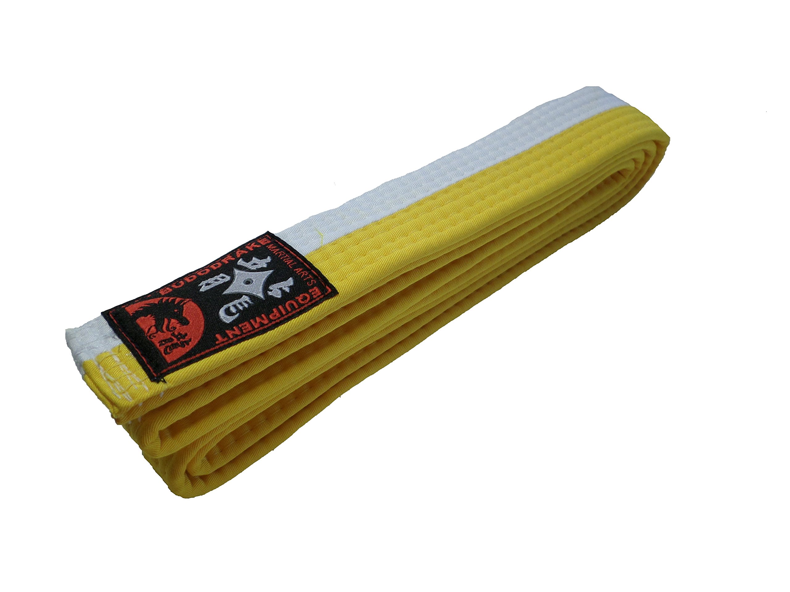 Cinturón de budo blanco y amarillo medio rayado