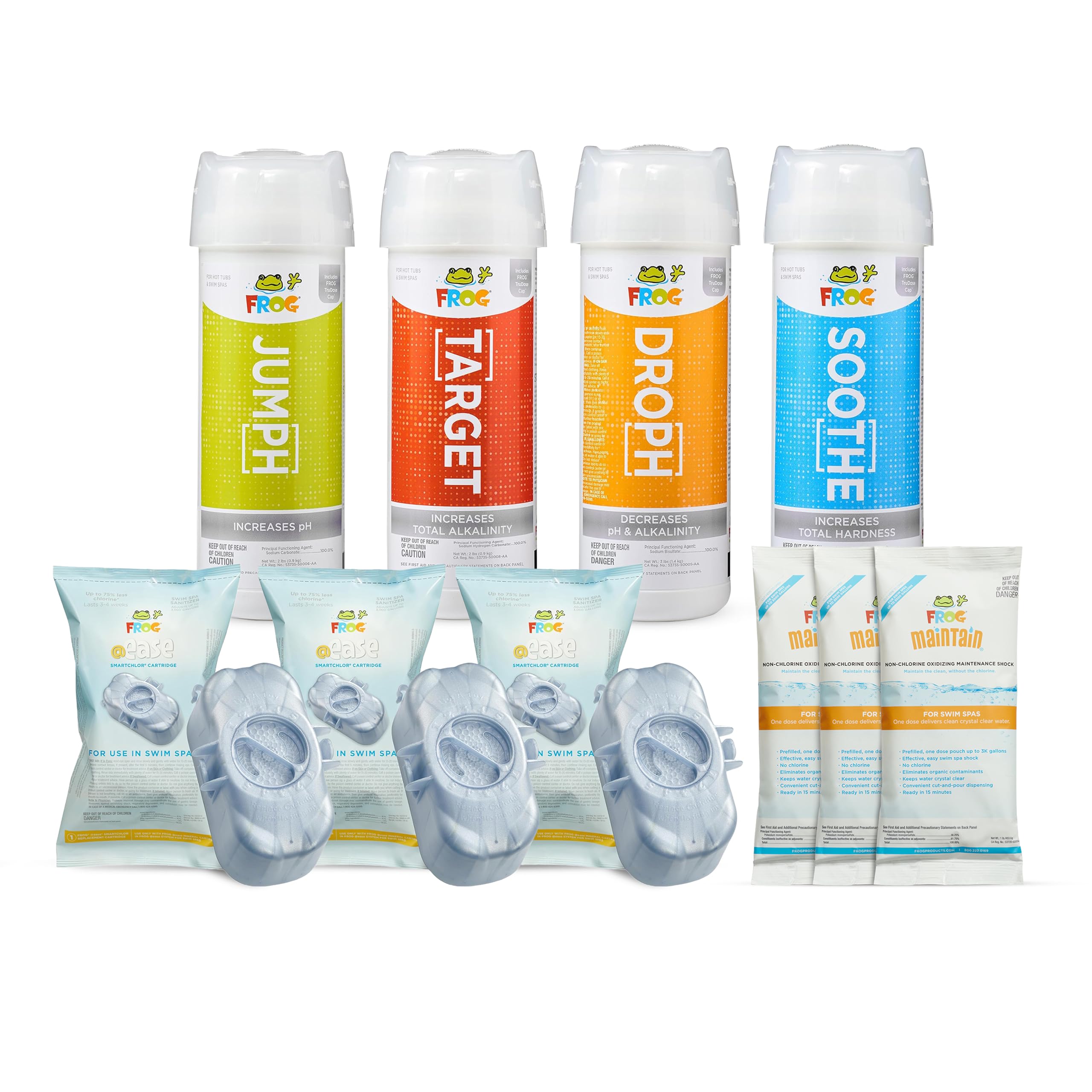 FROG @Ease Replacement SmartChlor Cartridge 3 Pack and Balancing Starter Kit with 3 Pack of Maintain for use with Swim Spa FROG @Ease Floating System