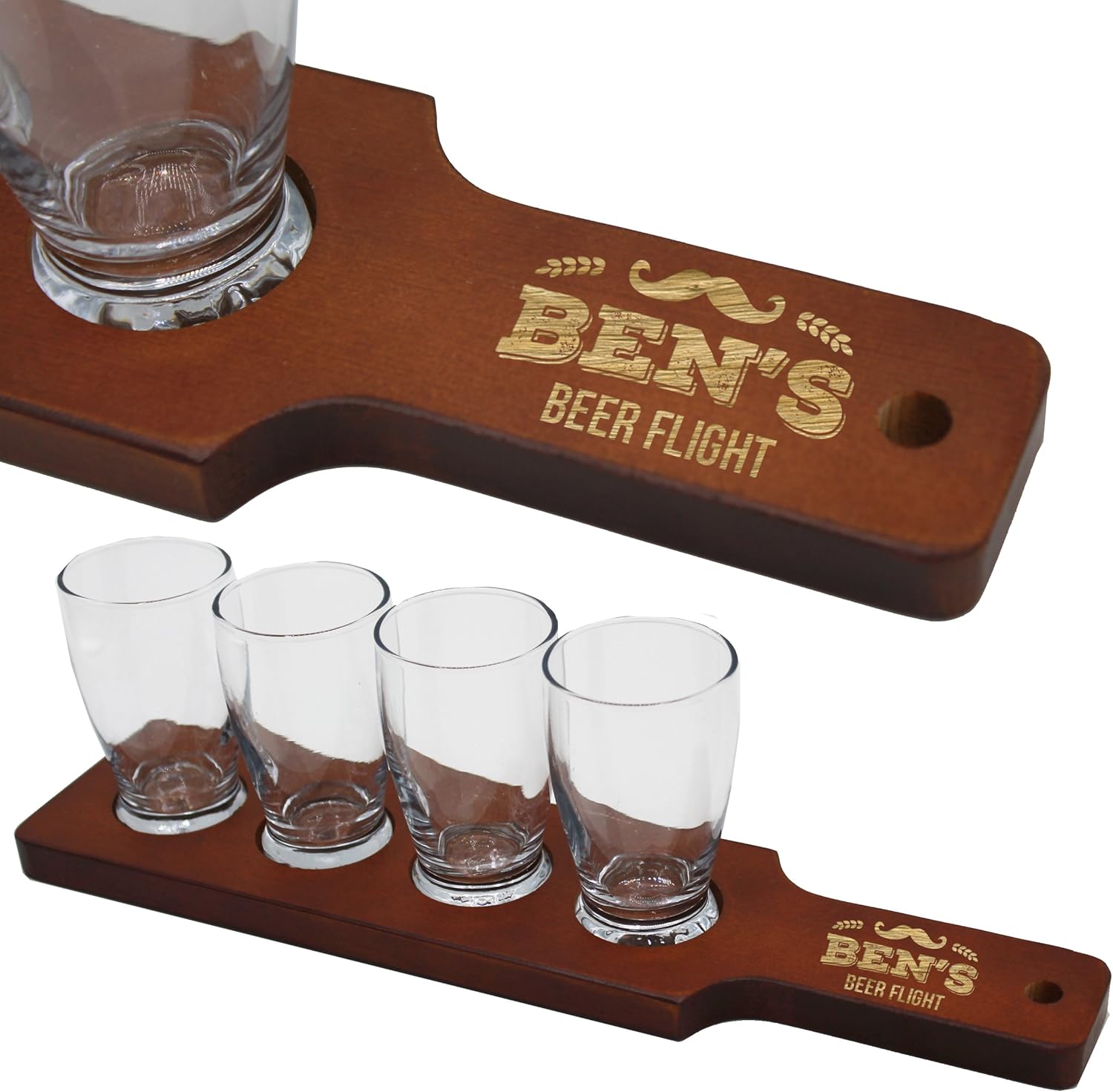 My Personal Memories Personalized Craft Beer Sample Paddle with Glasses - Custom Monogrammed Beer Taster Flight Accessory for Restaurant, Home, Brewery, Dad, Husband, Fathers Day (Red/Brown Finish)