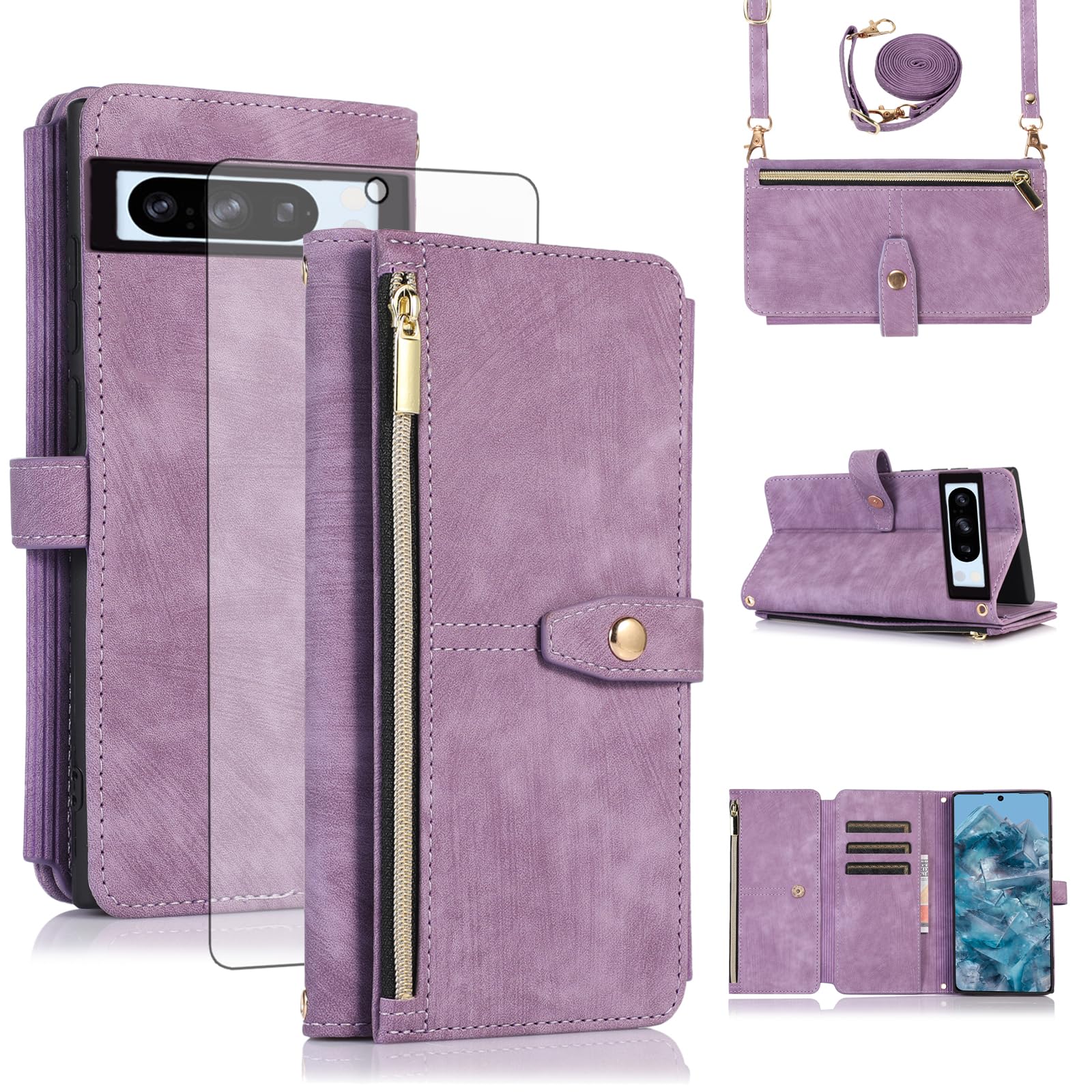 Case for Google Pixel 8 Pro Wallet with Tempered Glass and Lanyard Card Holder Chain PU Leather Flip Case Cover Stand Pixel8Pro 8Pro 5G Phone Case Glass Protection Women Purple
