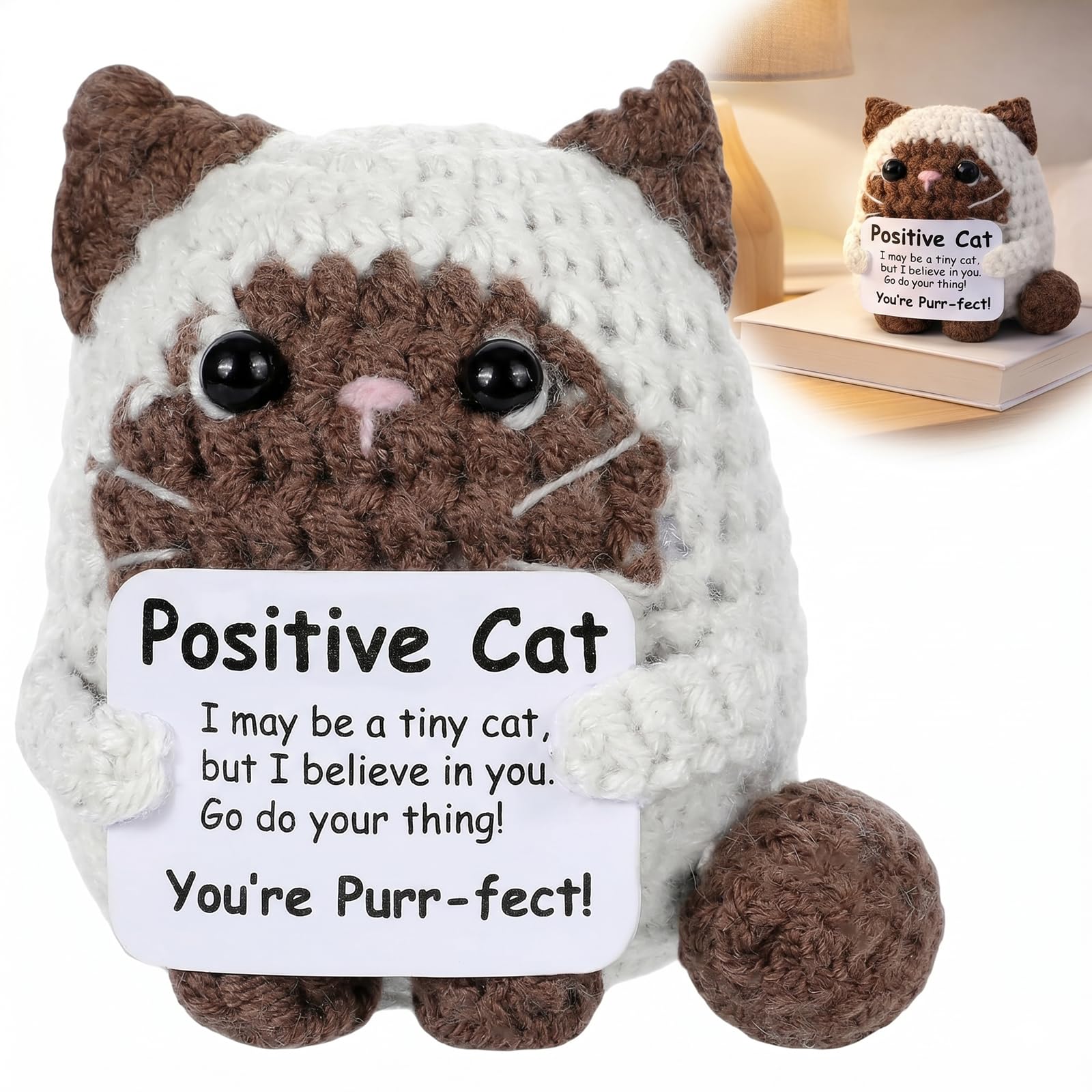 CAYLEKI Handmade Crochet Cat Figurine with Encouragement Card - White and Brown Mini Desk Decor, Pocket Companion, Backpack Charm, Thoughtful Gift for Friends, Family, Colleagues and Cat Lovers