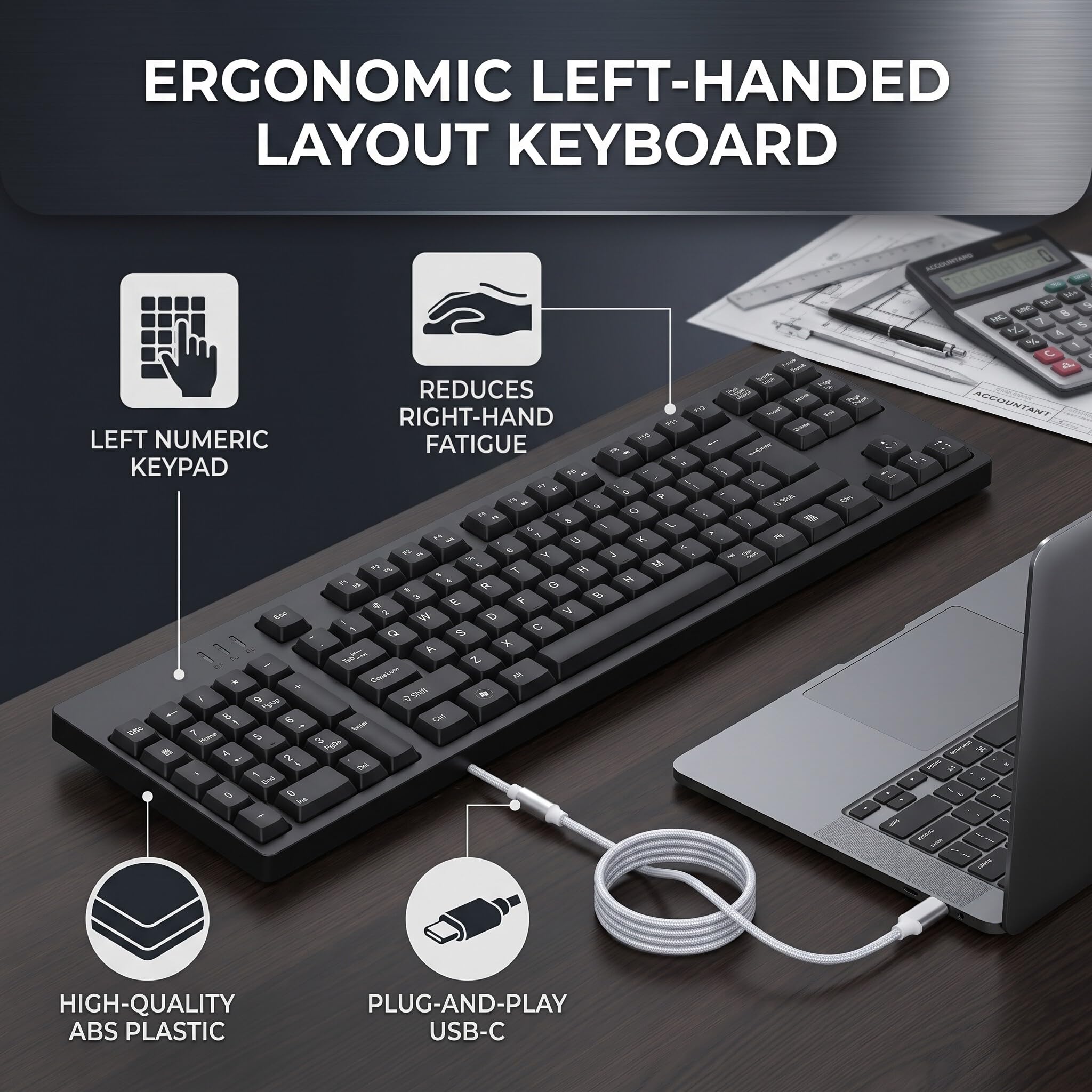 Greensen Tastiera Ergonomica per Mancini con 109 Tasti, Tastiera da Ufficio con Design Comfortevole e Connessione Micro USB – Ideale per Contabilità, Grafica e Lavoro in Ufficio