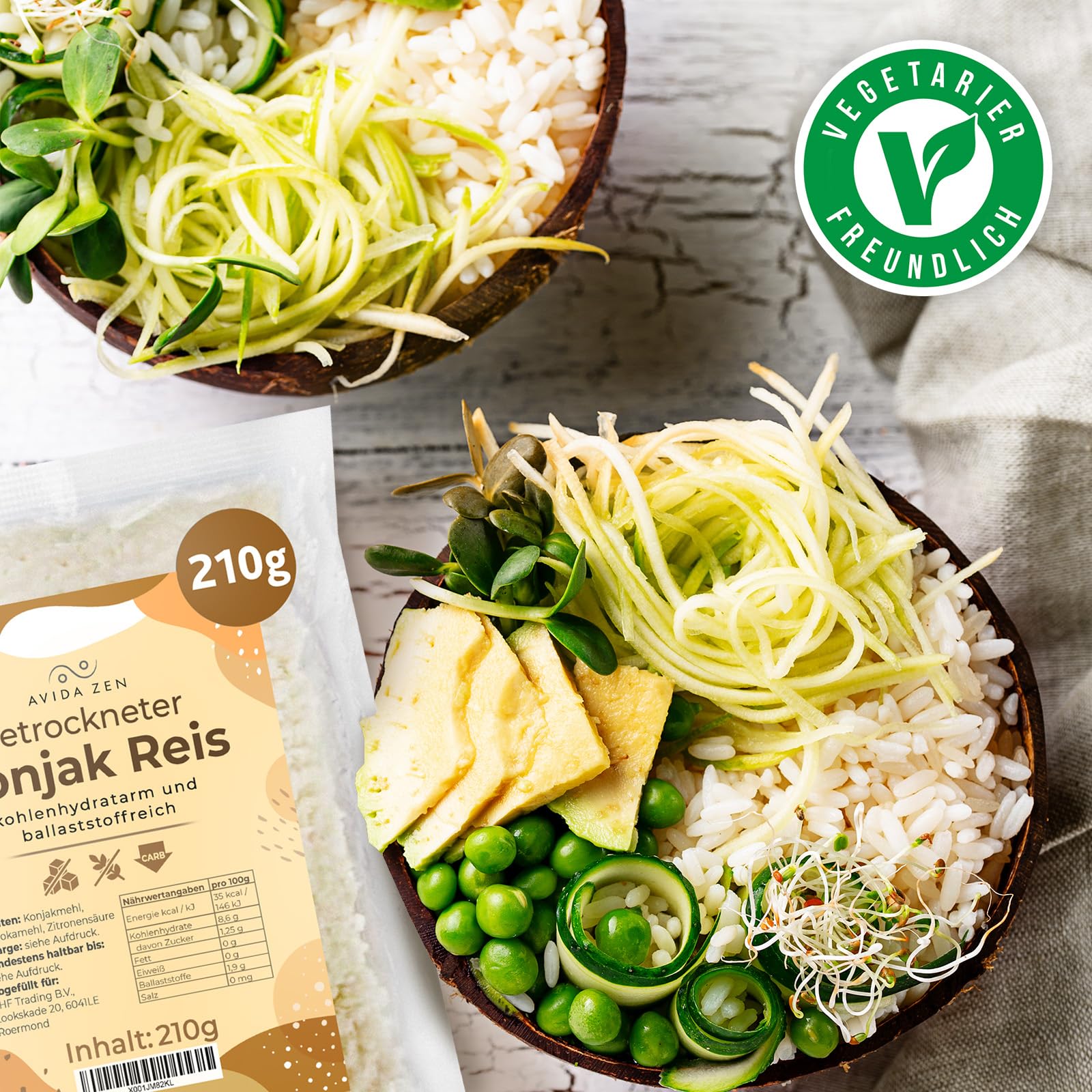 AVIDA ZEN Konjak Reis, Zero und kohlenhydratarm, Shirataki kalorienarm | Konjakreis getrocknet 3x210g ballaststoffreich Keto freundlich, glutenfrei und vegan, Konjac rice wenig Kalorien
