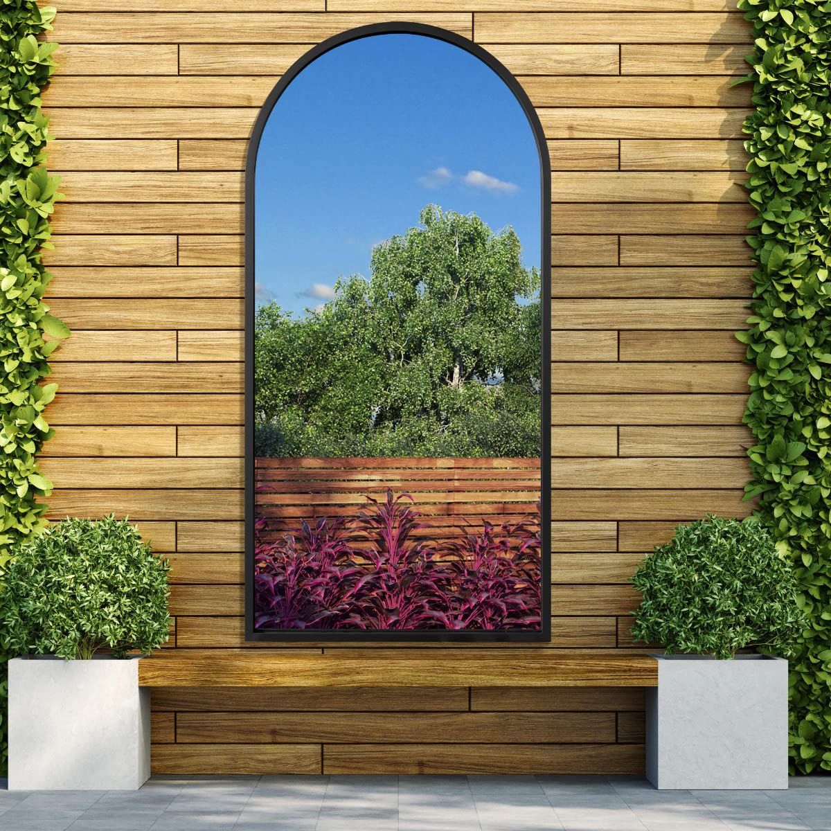 B&Q -  ArcusBlack Metal Framed Arched Leaner / Wall Garden Mirror 55" X 27.5" (140Cm X 70Cm)