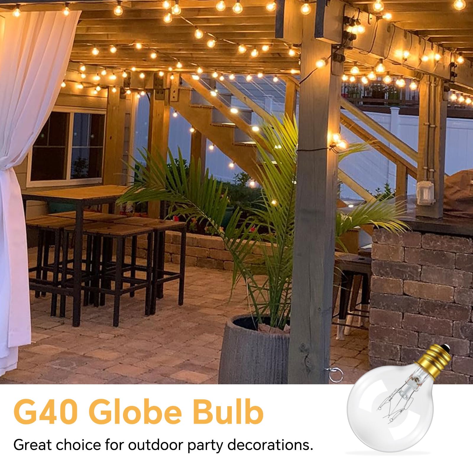 25 Pack G40 7 Watt Incandescent Replacement Bulbs, E12 Outdoor String Lights  Bulbs, Warm White 2200K, IP44 Water Resistance, G40 Globe Bulb for Indoor  Outdoor String Lights, Wedding, Party Decoration – BigaMart, image size:1600x1600