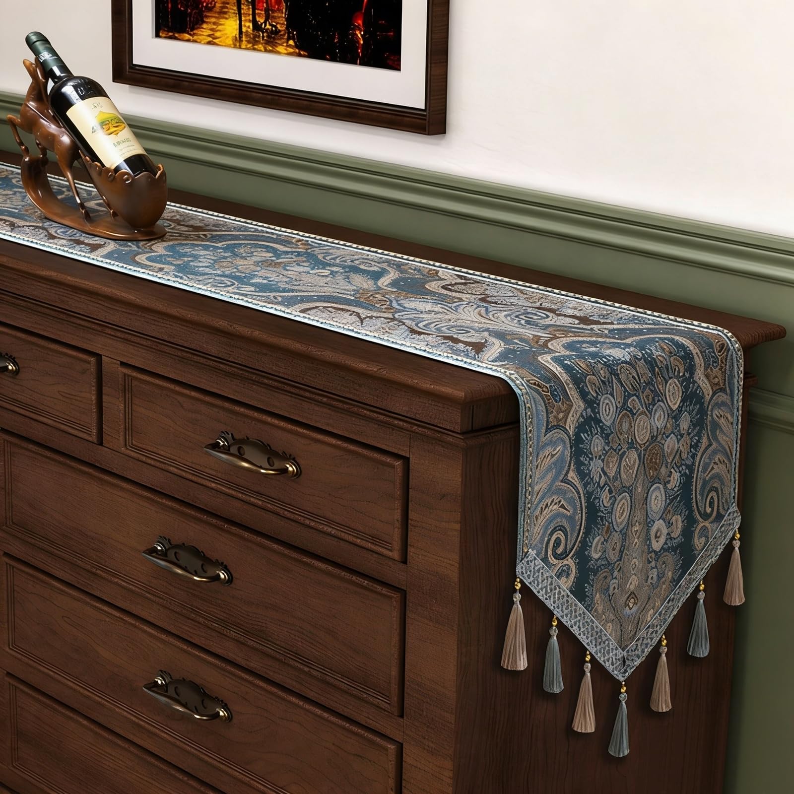 Tischläufer Polyester Wohnzimmer, Tischläufer Modern Deko 35x220 cm, Floral Bestickt mit Quasten Nordisch