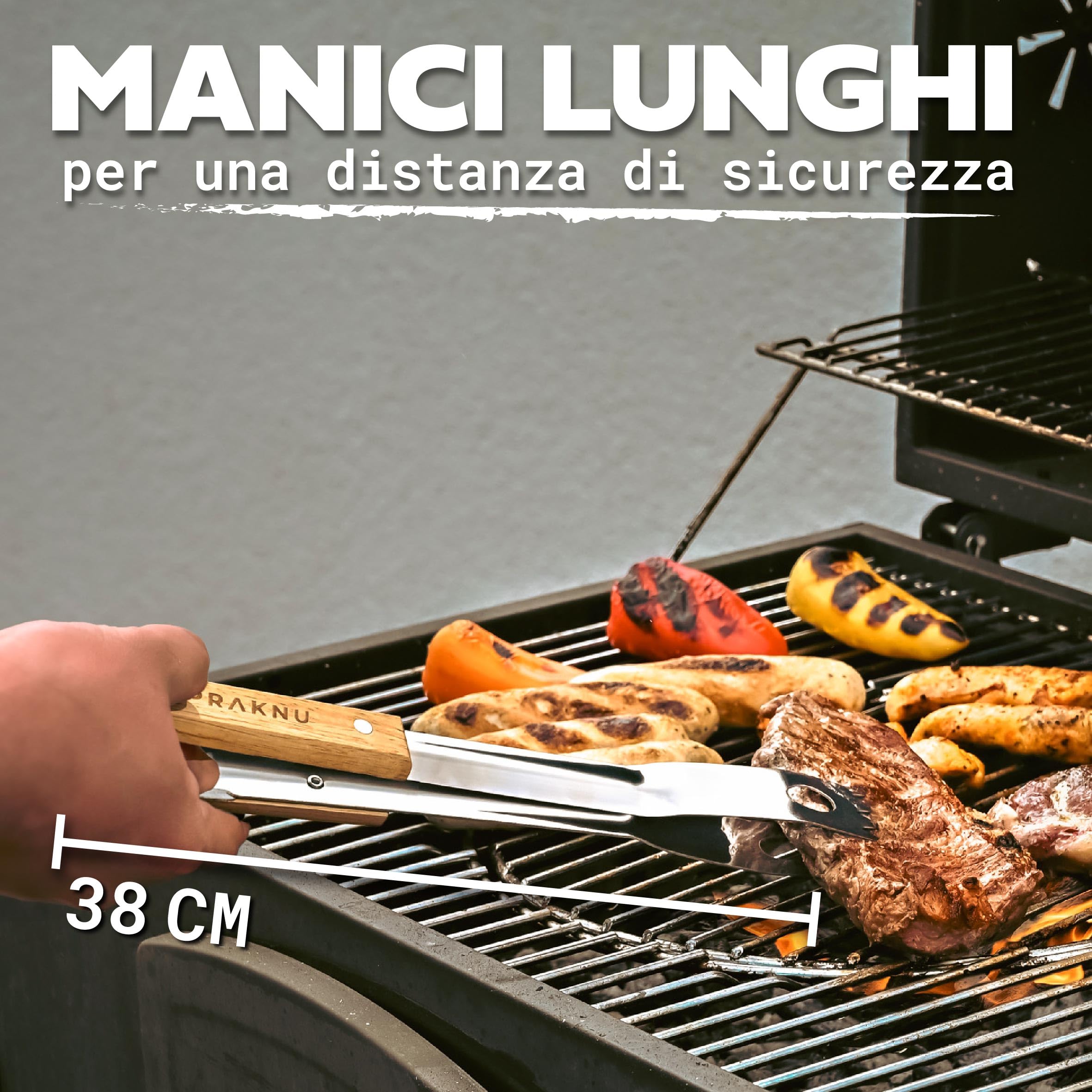 Praknu Set di Utensili da Barbecue 𝗲𝘀𝘀𝗲𝗻𝘇𝗶𝗮𝗹𝗶 in Acciaio e Legno - 4 pezzi - Resistente al calore e antiruggine - Con pratica borsa per il trasporto